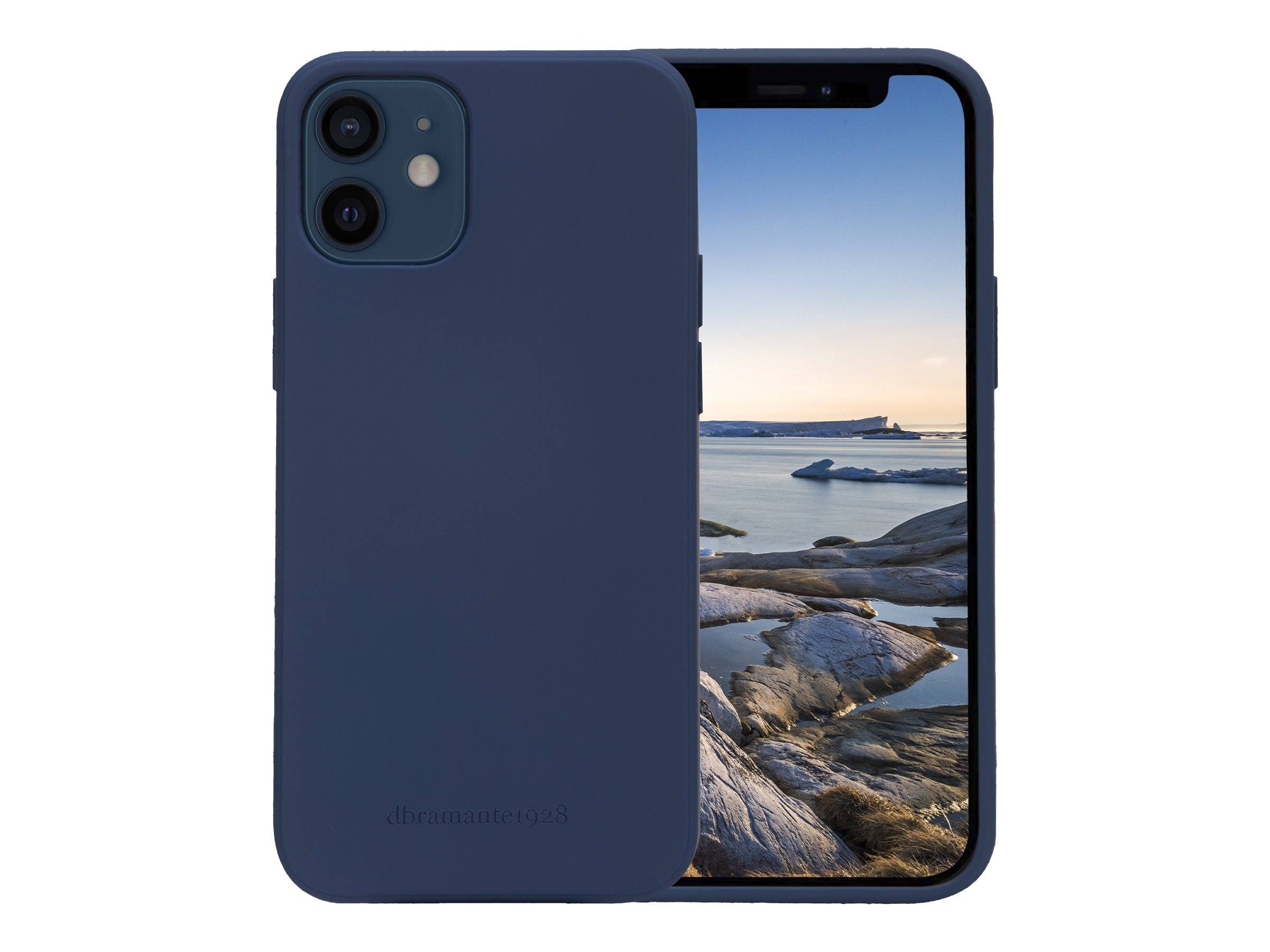 Blaues Smartphone in einer dunkelblaunen Schutzhülle, von vorne und hinten dargestellt, mit Küstensonnenentwurf-Hintergrundbild auf dem Bildschirm.