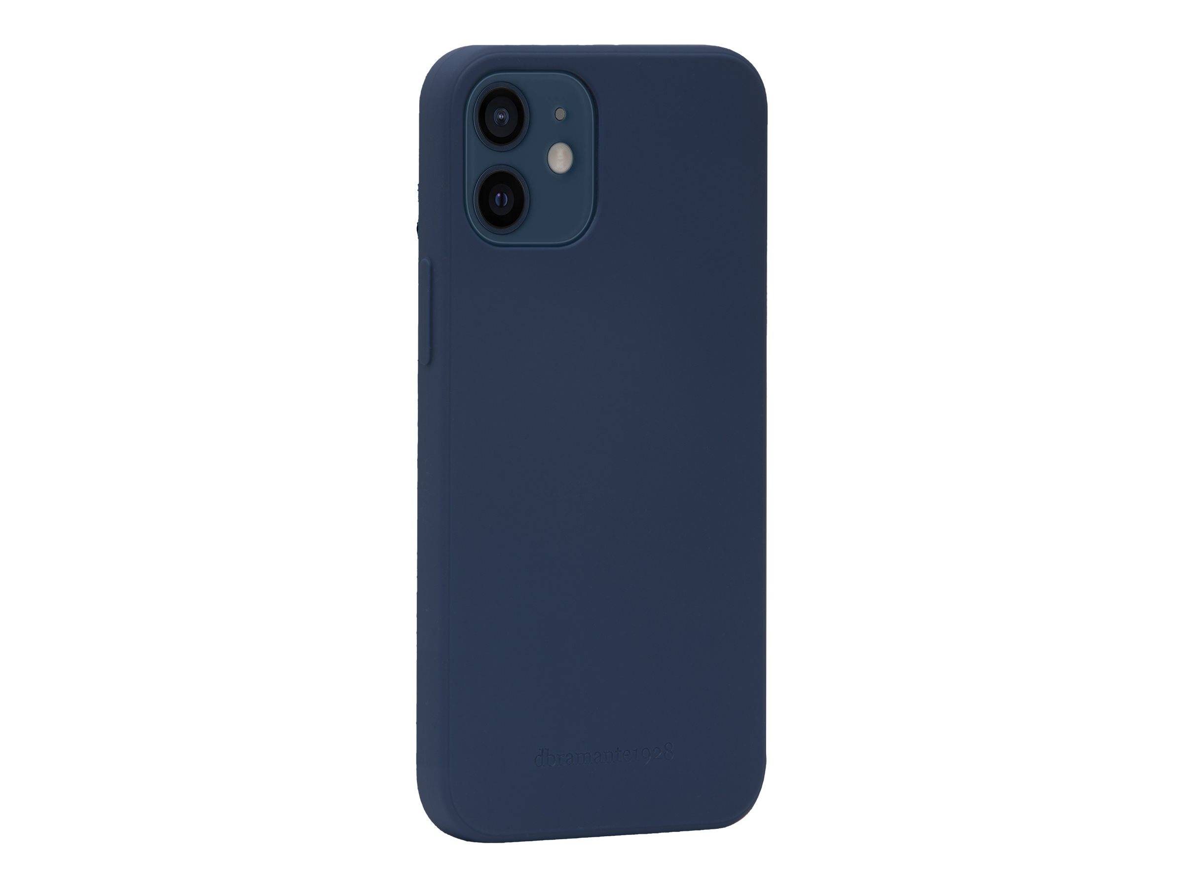 Dunkelblaue Smartphone-Schutzhülle von hinten gezeigt, mit ausgehobener Dual-Kamera-Aussparung und Blitzöffnung oben links.