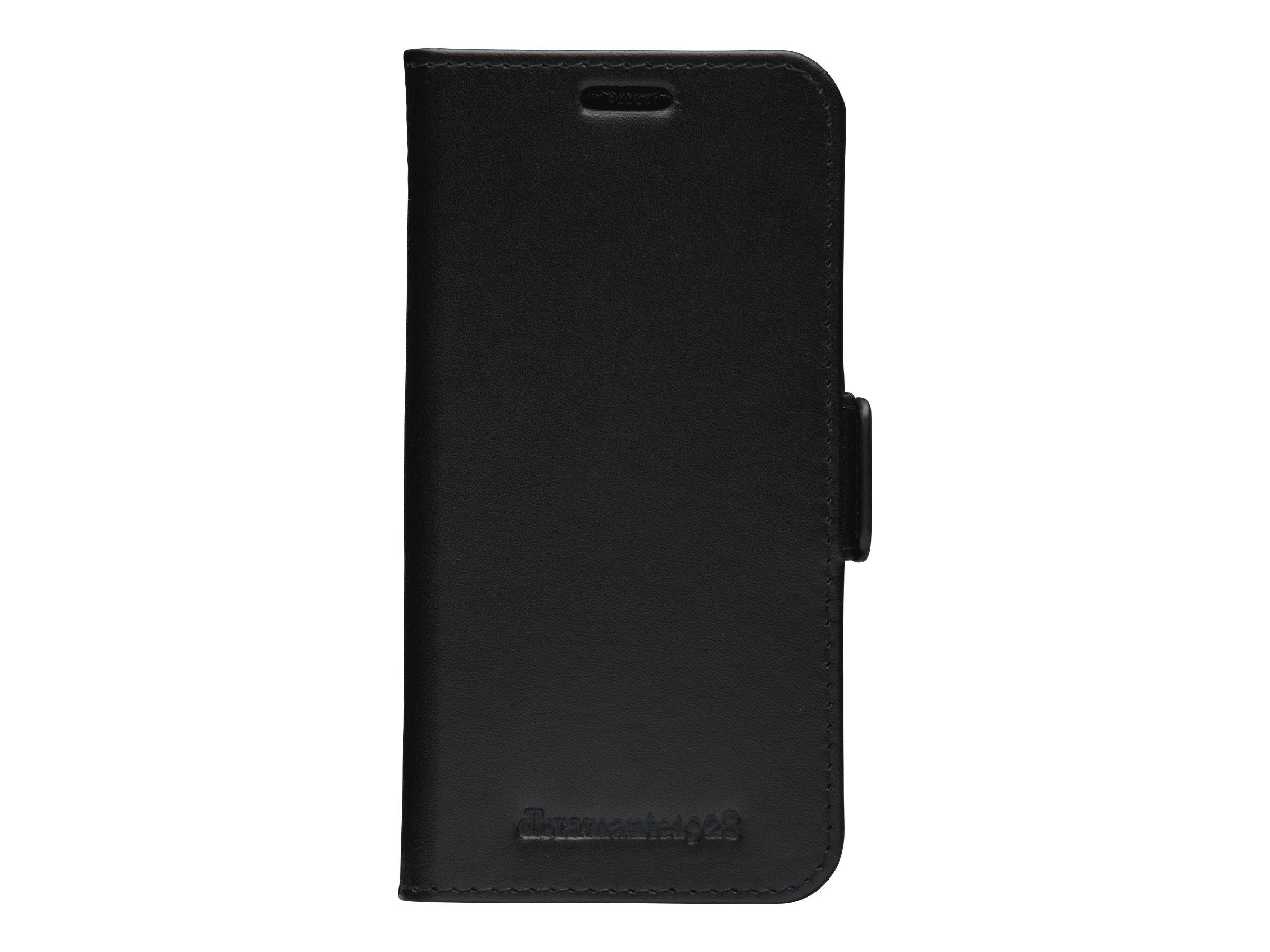 Schwarze Smartphone-Folio-Schutzhülle mit Frontabdeckung, Kameraausschnitt und seitlichem Verschlusslaschen auf weißem Hintergrund.