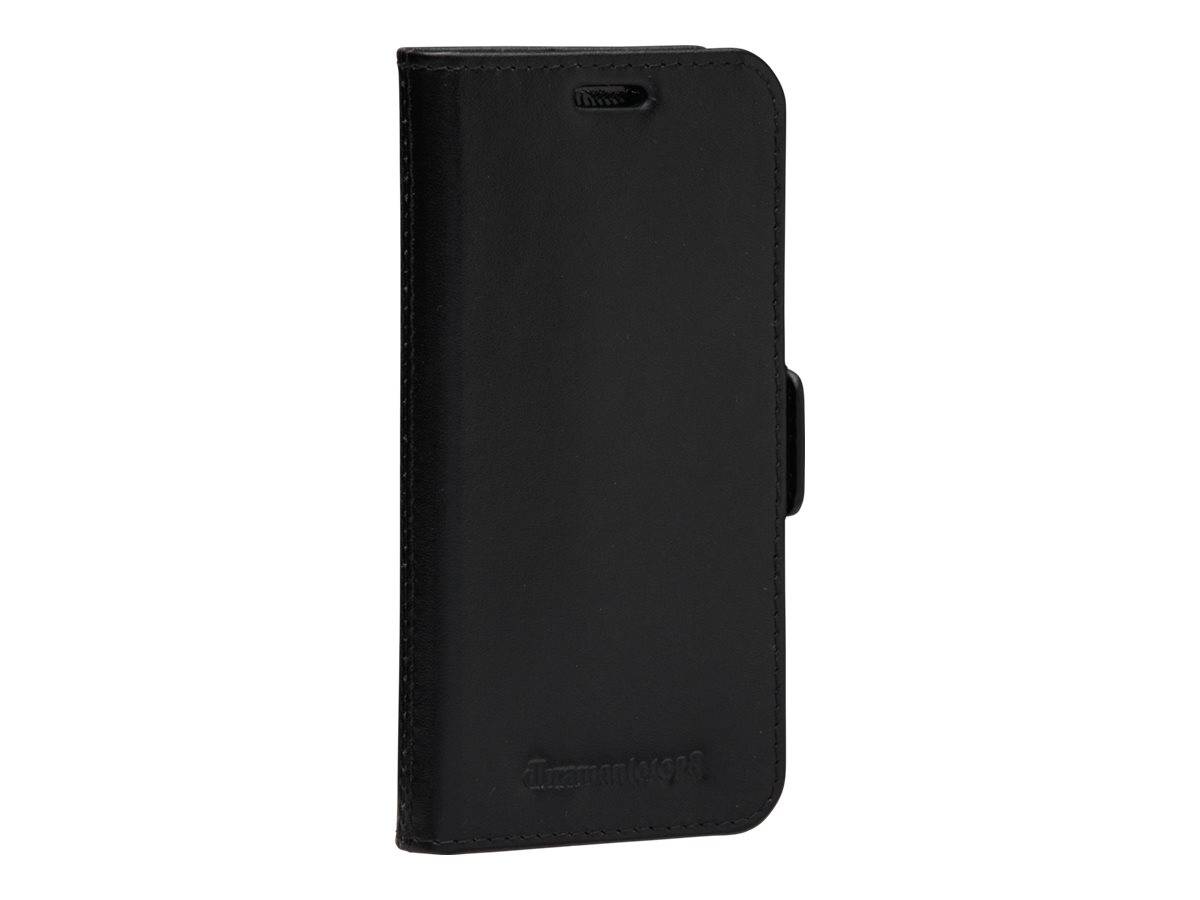 Ein schwarzes Leder-Handyhüllenetui mit Magnetverschluss und minimalistischem Design, das zum Schutz eines Smartphones und zur Aufbewahrung von Karten geeignet ist.