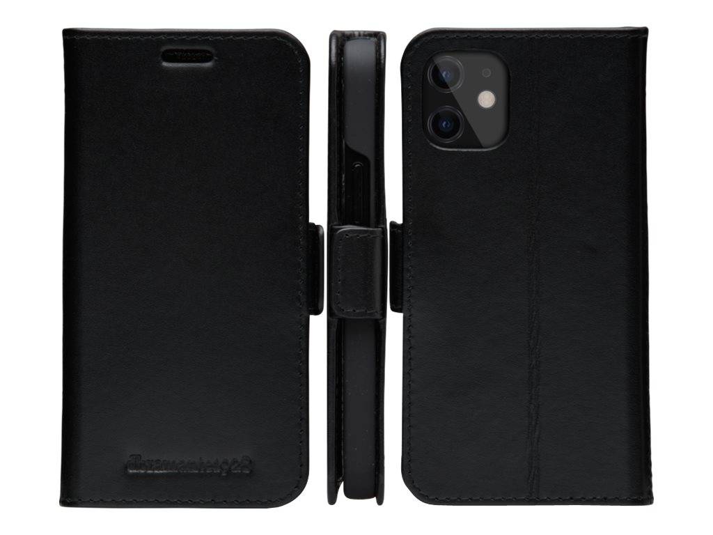 Schwarzes Lederetui für das Telefon, offen und gefaltet gezeigt, mit Kameraausschnitt und magnetischem Verschluss, dargestellt in Front-, Seiten- und Rückansicht.