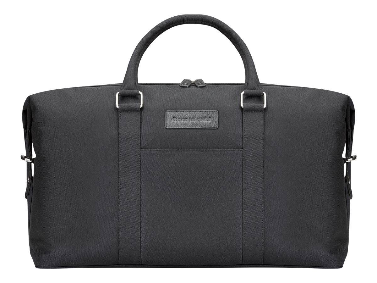 Schwarze rechteckige Reisetasche mit oberen Griffen, vorderer Klapptasche und Schultergurt-Befestigungen, dargestellt auf weißem Hintergrund.