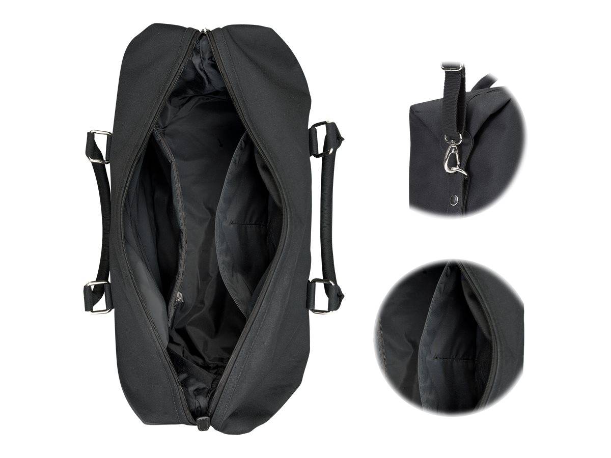 Schwarze Reisetasche, aufgeklappt dargestellt, mit Seitenansichten, die Tragegriffe und Reißverschlussschluss hervorheben.