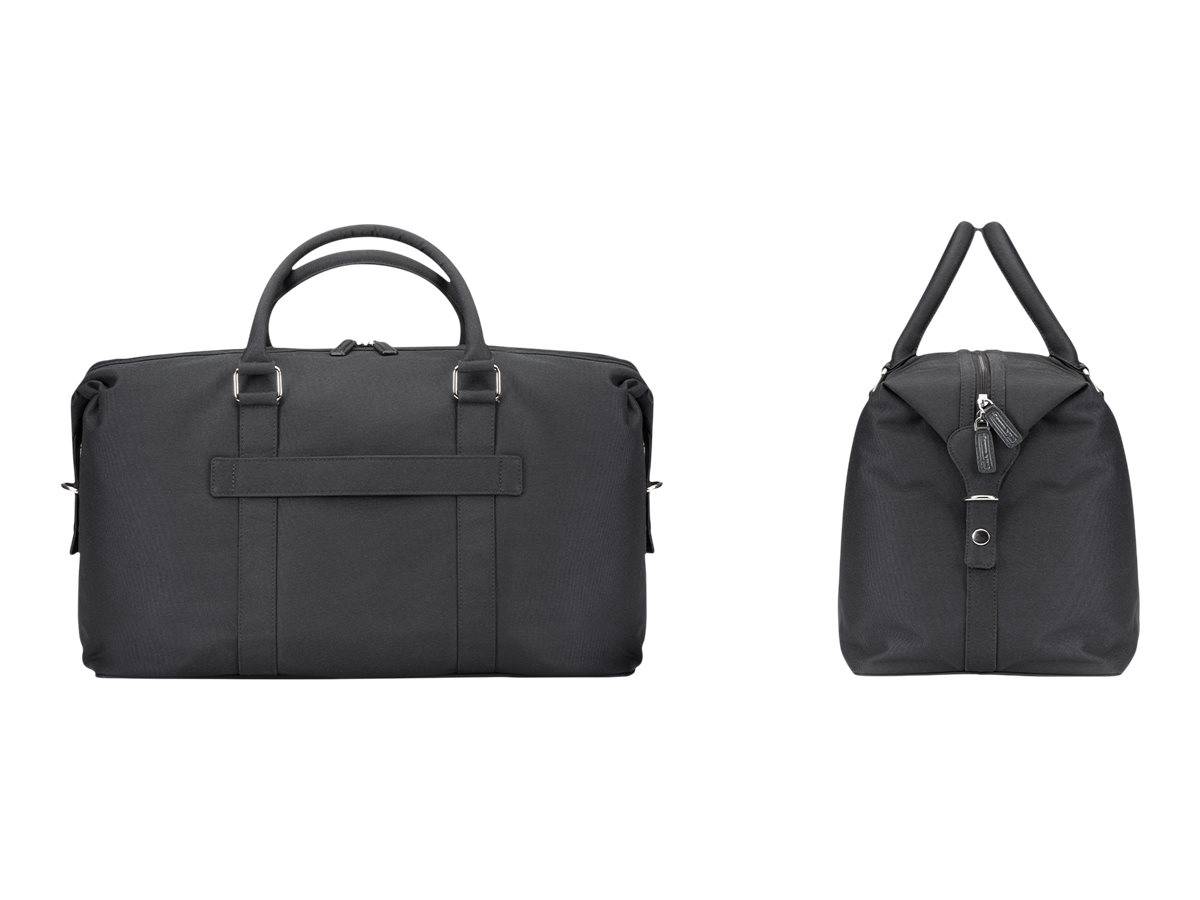 Schwarze Reisetasche in Front- und Seitenansicht, mit doppelten Griffen, Reißverschluss und Schultergurtbefestigungen.