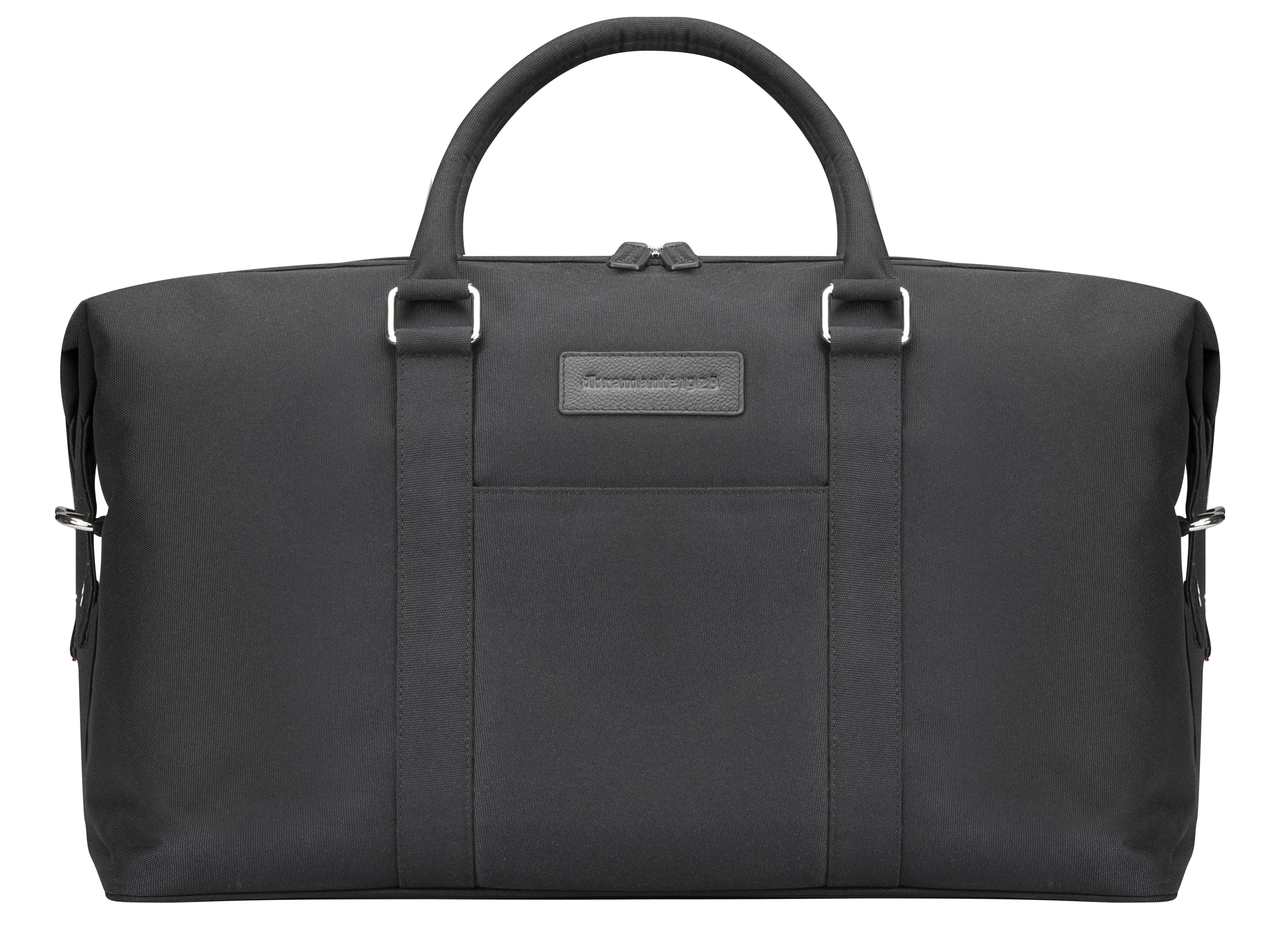 Schwarze Reisetasche im Duffel-Stil mit Griffeln oben und einer vorderen Reißverschlusstasche, vor einem weißen Hintergrund dargestellt.