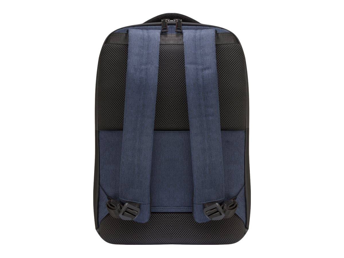 Rückseite eines navy- und schwarzen Rucksacks mit gepolsterten Schultergurten und Mesh-Paneelen, vor weißem Hintergrund gezeigt.