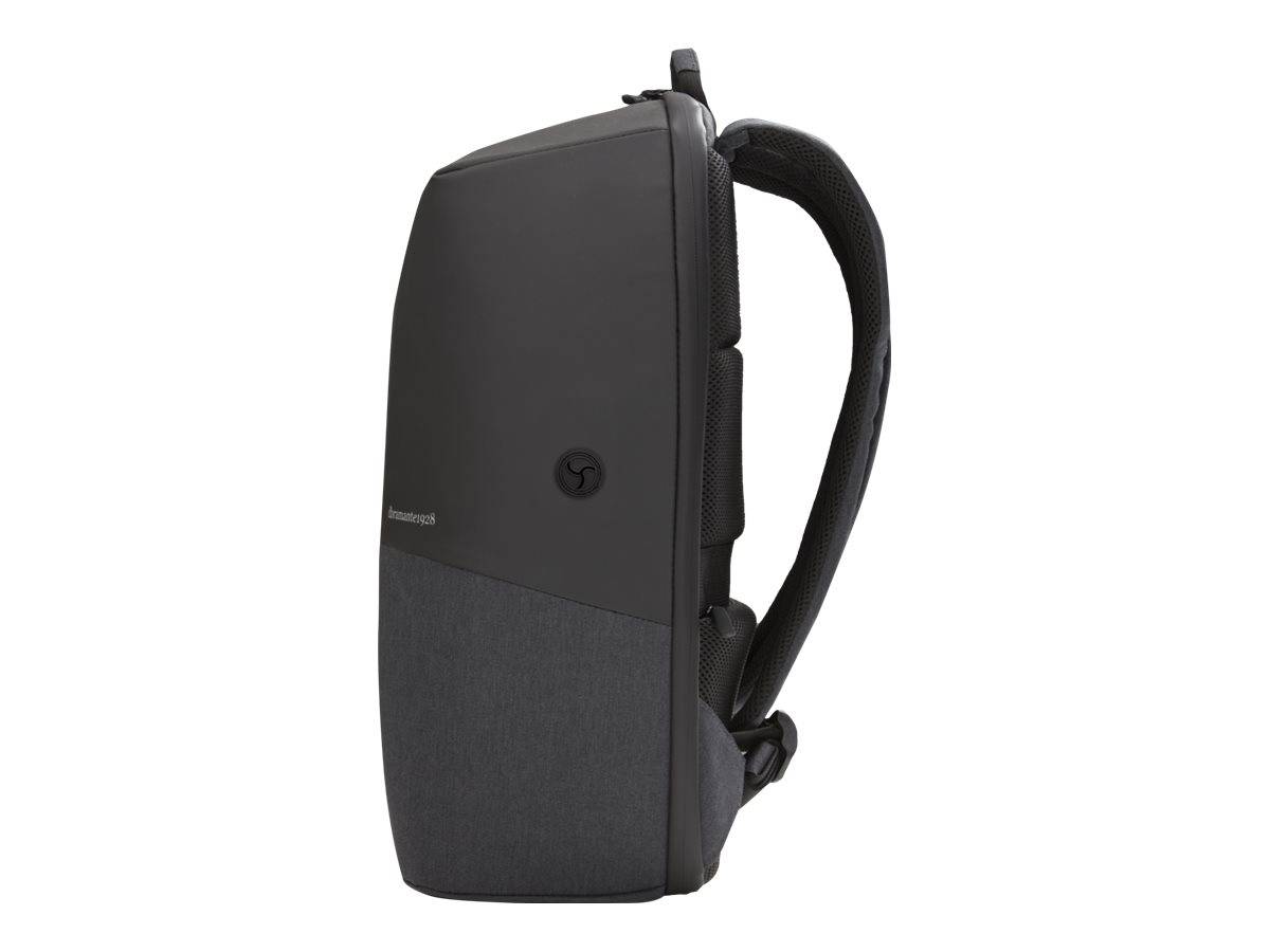 Schwarzer Rucksack mit schlankem, elegantem Profil und gepolsterten Schultergurten, in Seitenansicht auf weißem Hintergrund dargestellt.