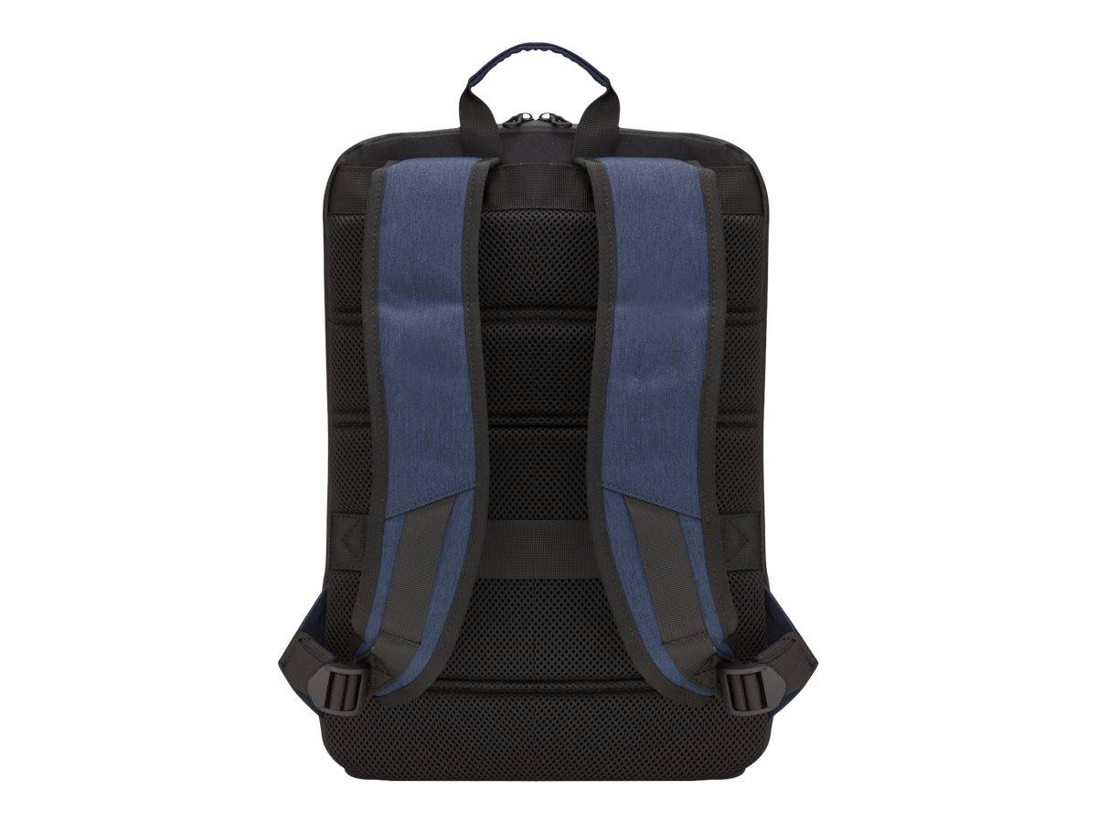 Rückseite eines schwarzen Rucksacks mit blauen gepolsterten Schultergurten und einem oberen Tragegriff auf weißem Hintergrund.