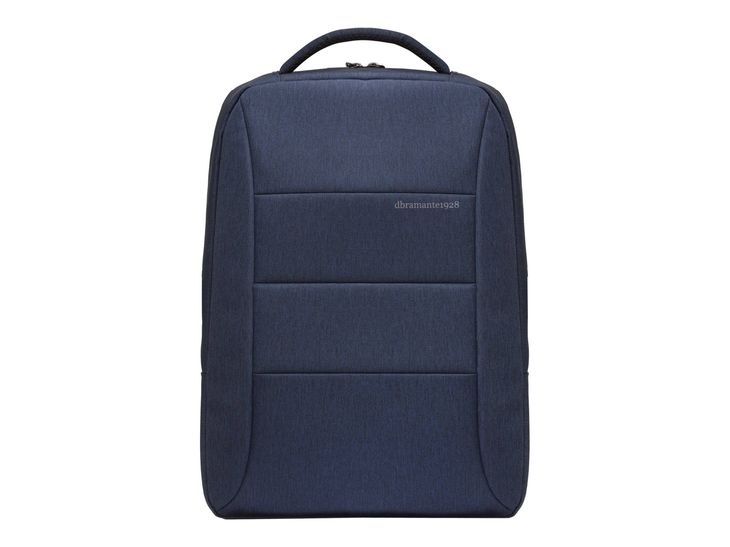 Dunkelblauer Rucksack oder Laptoptasche mit Griffgriff oben, vorderer Reißverschlusstasche und gepolsterten rechteckigen Paneelen, shown on a white background.