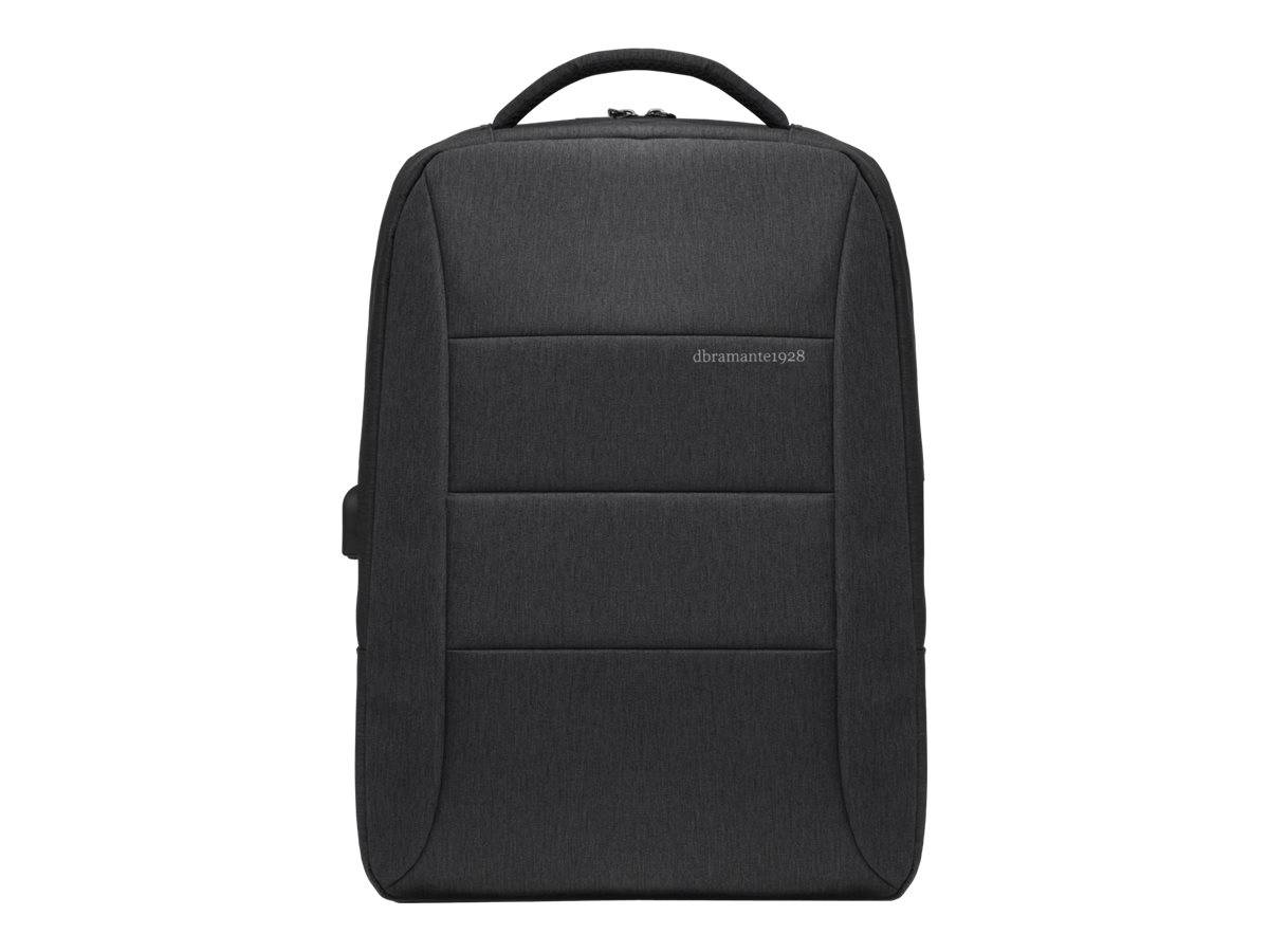 Schwarzer rechteckiger Rucksack mit Griffgriff oben und vorderer Reißverschlusstasche, gezeigt auf einfachem weißem Hintergrund.