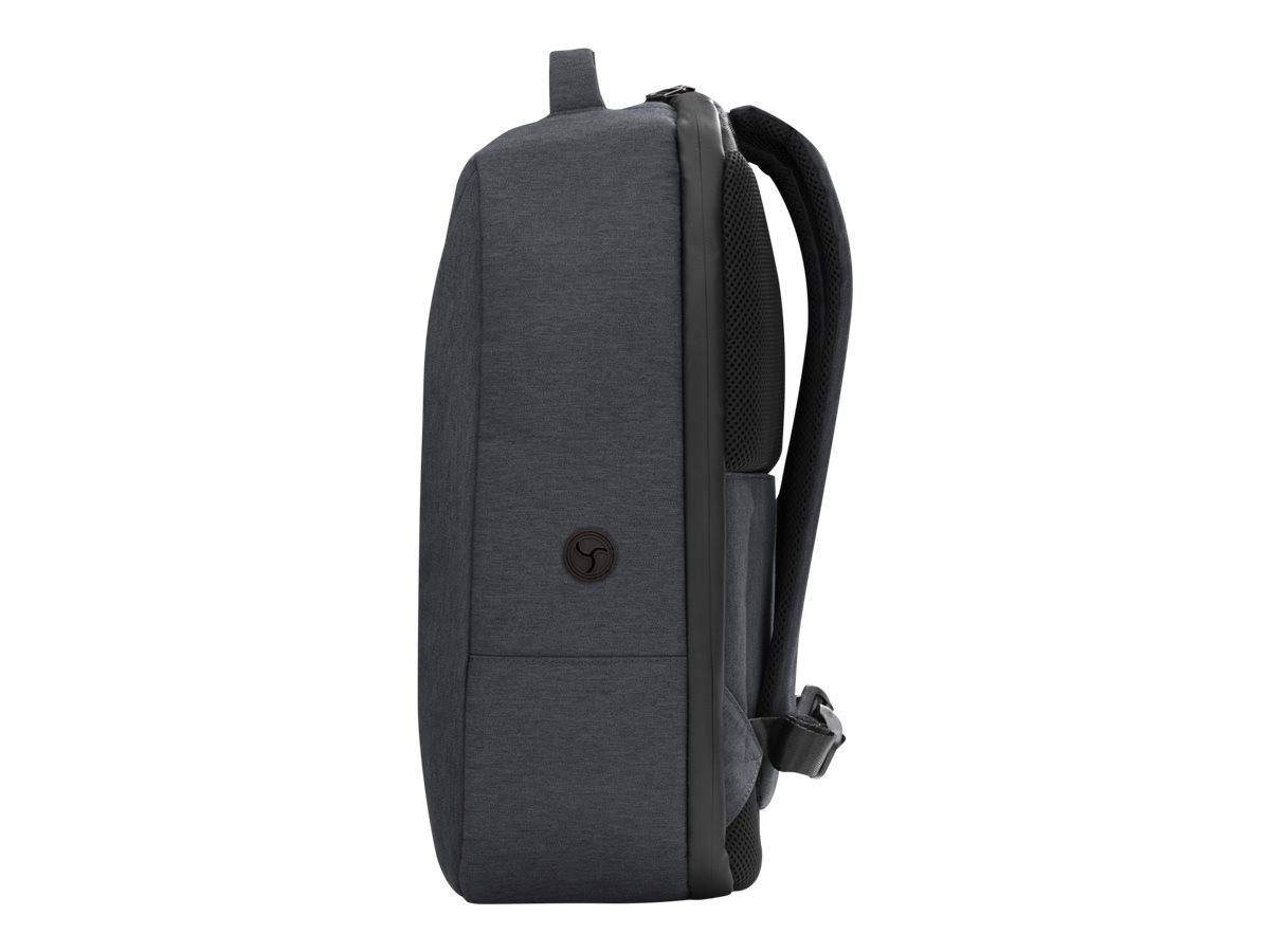 Dunkelgrauer schlanker Rucksack mit Tragegriff oben und einem sichtbaren Schultergurt, dargestellt vor weißem Hintergrund.