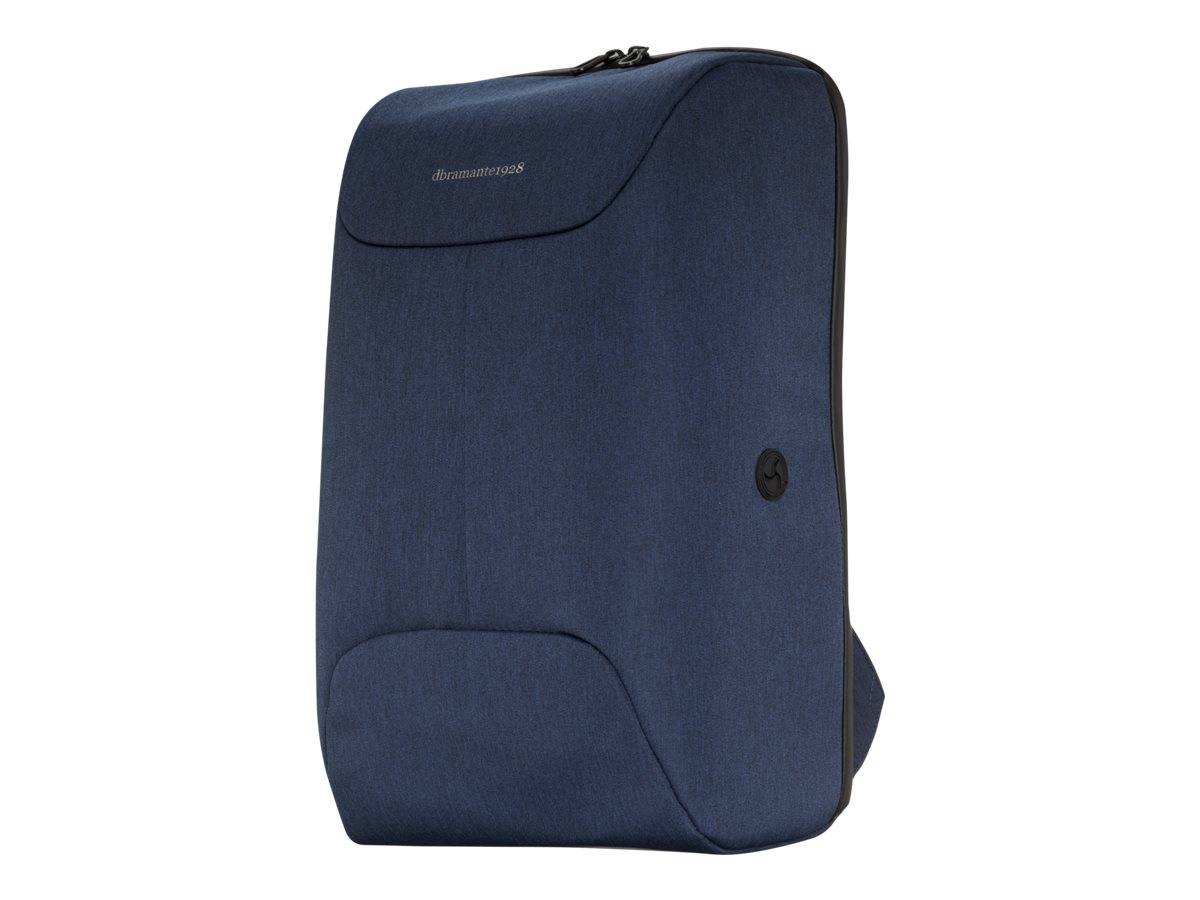 Marineblauer Rucksack mit schlankem rechteckigem Design und schwarzen Reißverschlüssen, auf weißem Hintergrund gezeigt.