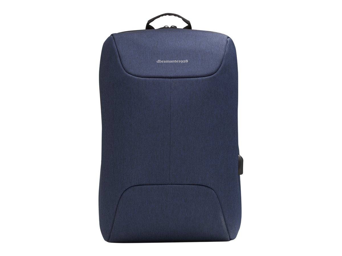 Ein eleganter, dunkelblauer Rucksack mit minimalem Design und einem einzelnen Griff oben; mit subtiler Markentextstelle „dbramante1928