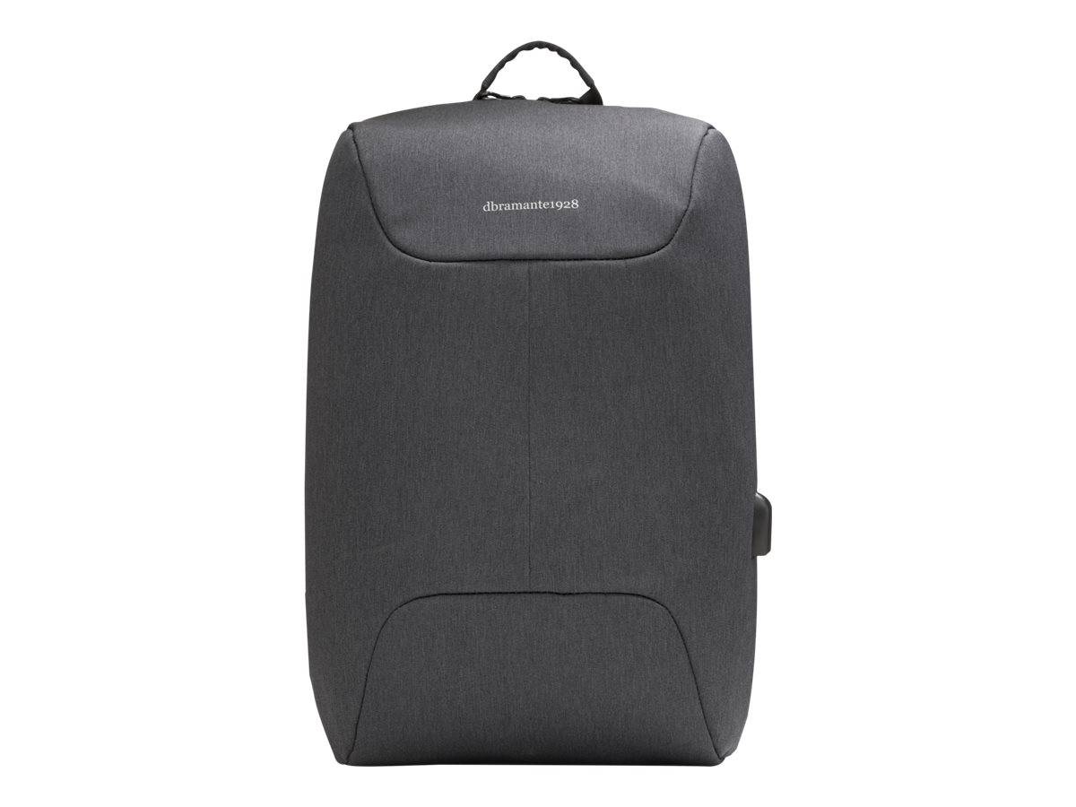Dunkelgrauer rechteckiger Rucksack mit oberer Tragevorrichtung und subtlem Front-Logo auf weißem Hintergrund.