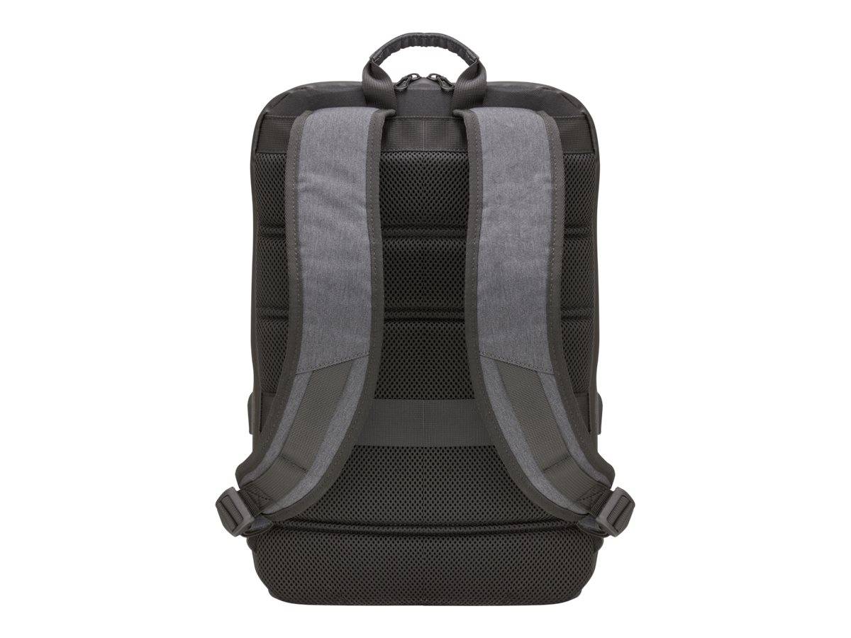 Schwarzer Rucksack von hinten gezeigt, mit gepolsterten grauen Schultergurten und einem oberen Tragegriff auf einfachem weißem Hintergrund.