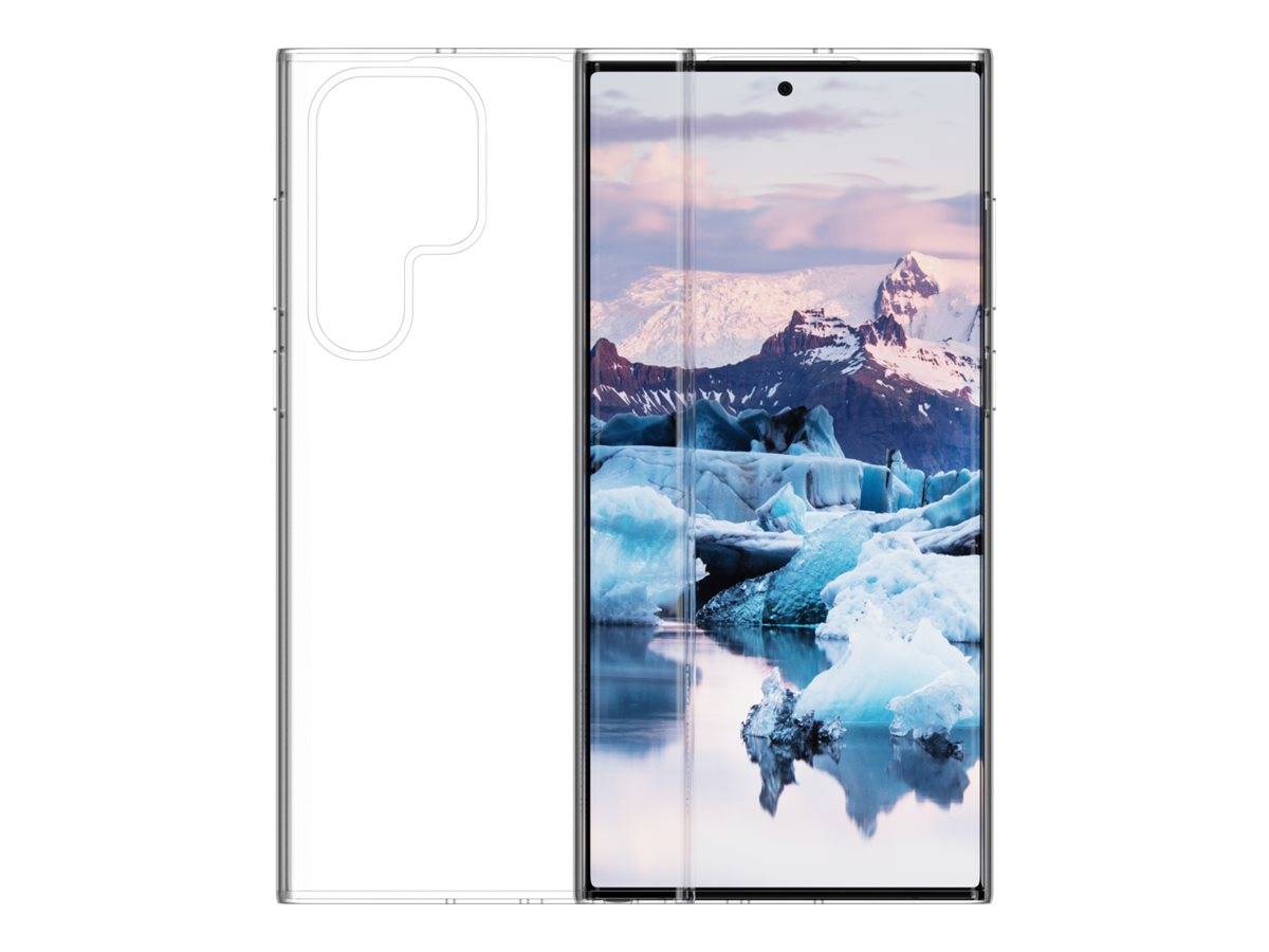 Eine durchsichtige Handyhülle liegt neben einem Smartphone, dessen Bildschirm eine bergige Landschaft mit Eisbergen unter einem wolkenverhangenen Himmel zeigt.