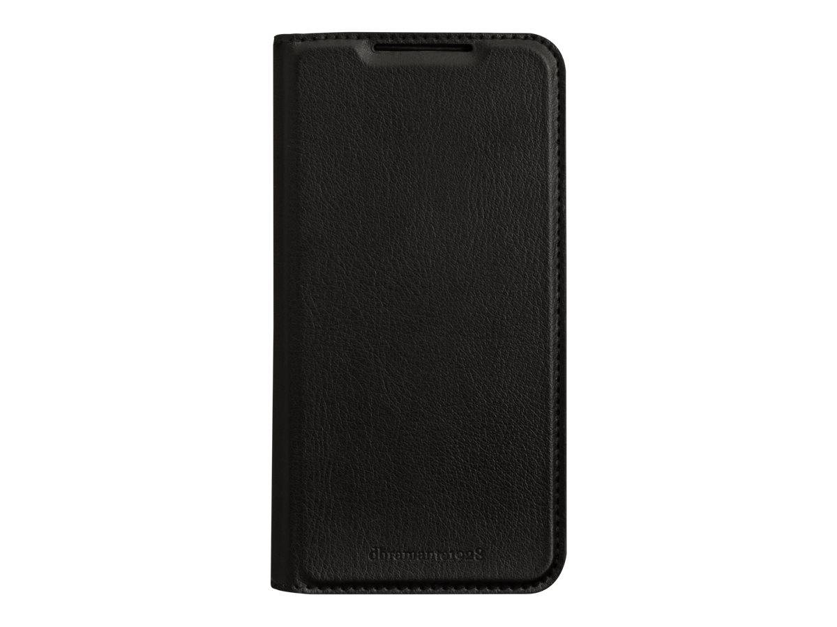 Schwarze Ledertasche für Mobiltelefone mit Klappdeckel, geschlossen dargestellt, mit dezent geprägtem Markenlogo am unteren Rand.