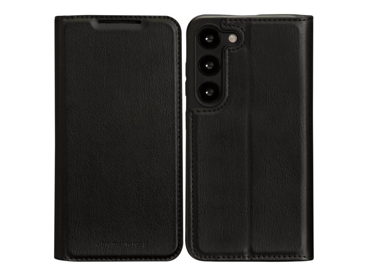 Zwei Ansichten einer schwarzen Lederhandyhülle: eine von vorne geschlossen, die Textur zeigend; die andere geöffnet, mit drei Kameraausschnitten.