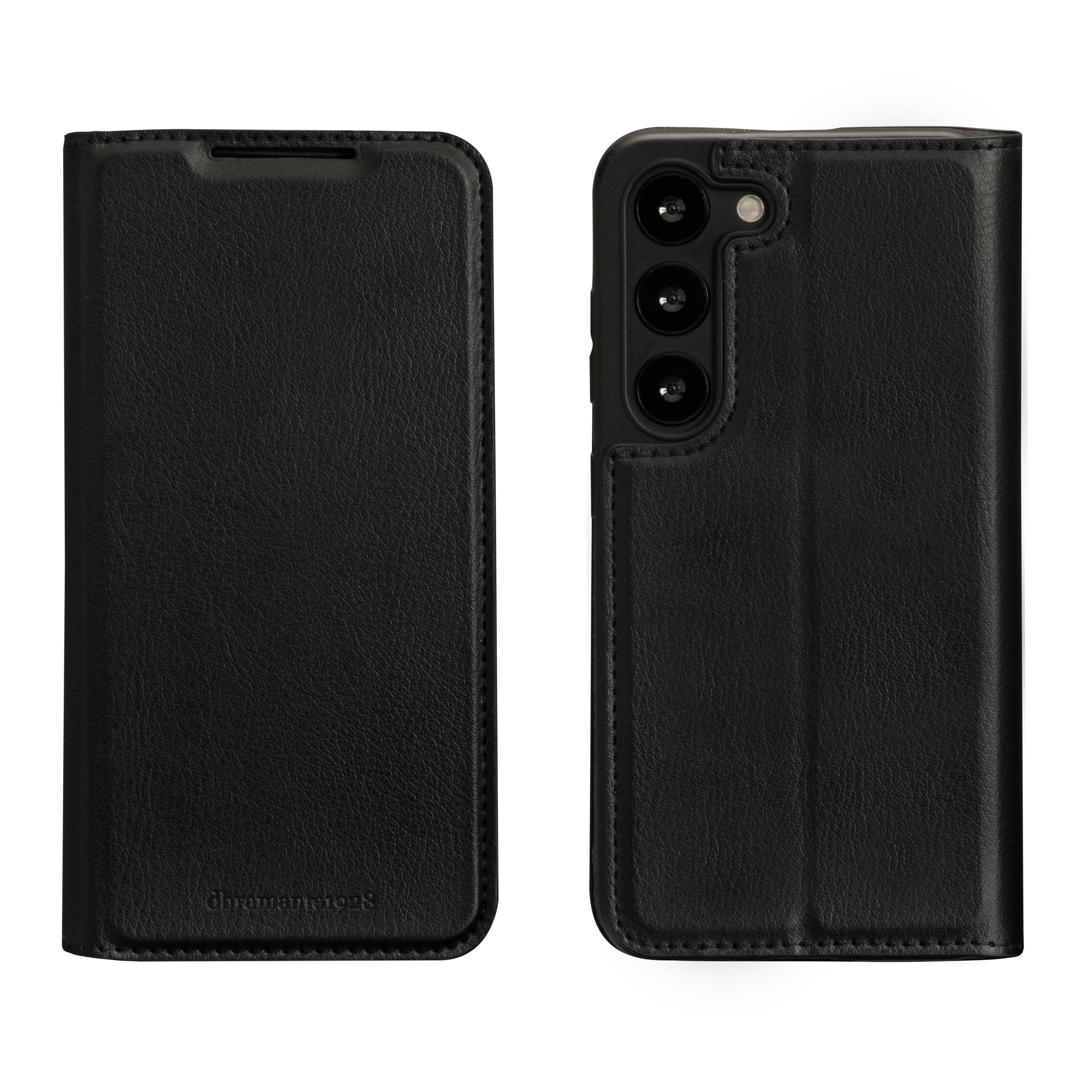 Schwarzes Leder-Stil-Telefongeldbörsen-Etui, Vorder- und Rückseite gezeigt, mit Kartenschutz-Vorderlasche und dreifachem hinterer Kameraverschnitt.