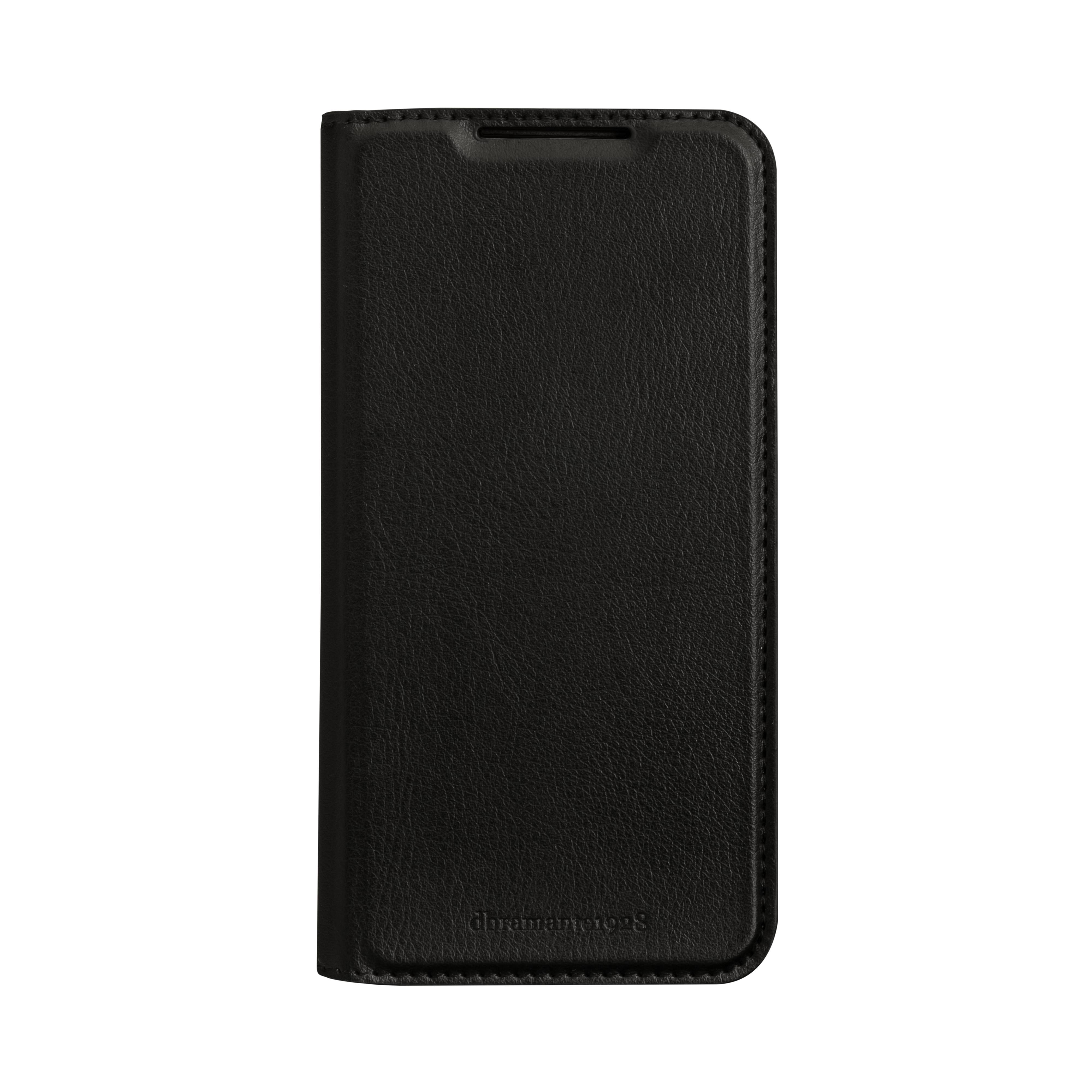 Schwarze Leder-Smartphone-Geldbörsentasche mit Frontdeckel, oberer Lautsprecheröffnung und genähten Kanten auf weißem Hintergrund.