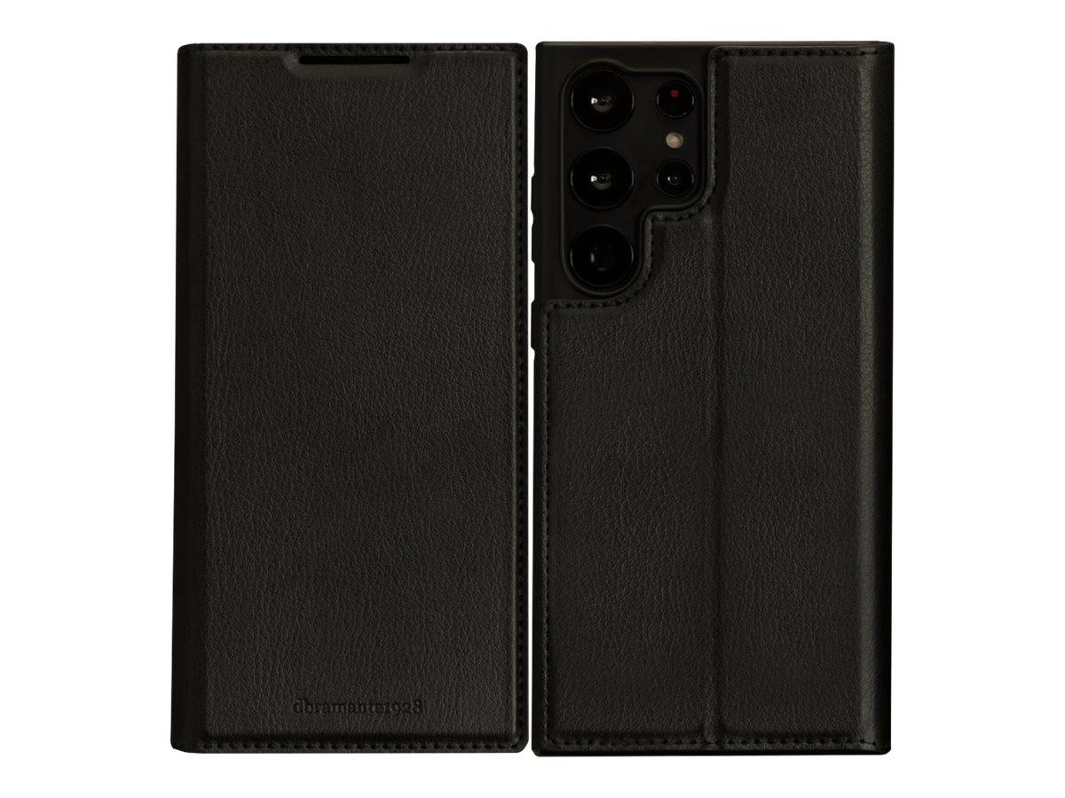 Schwarze Leder-Portmonee-Stil Handyhülle von vorne und hinten gezeigt, mit Kameraaussparungen und umklappbarem Deckel-Design.