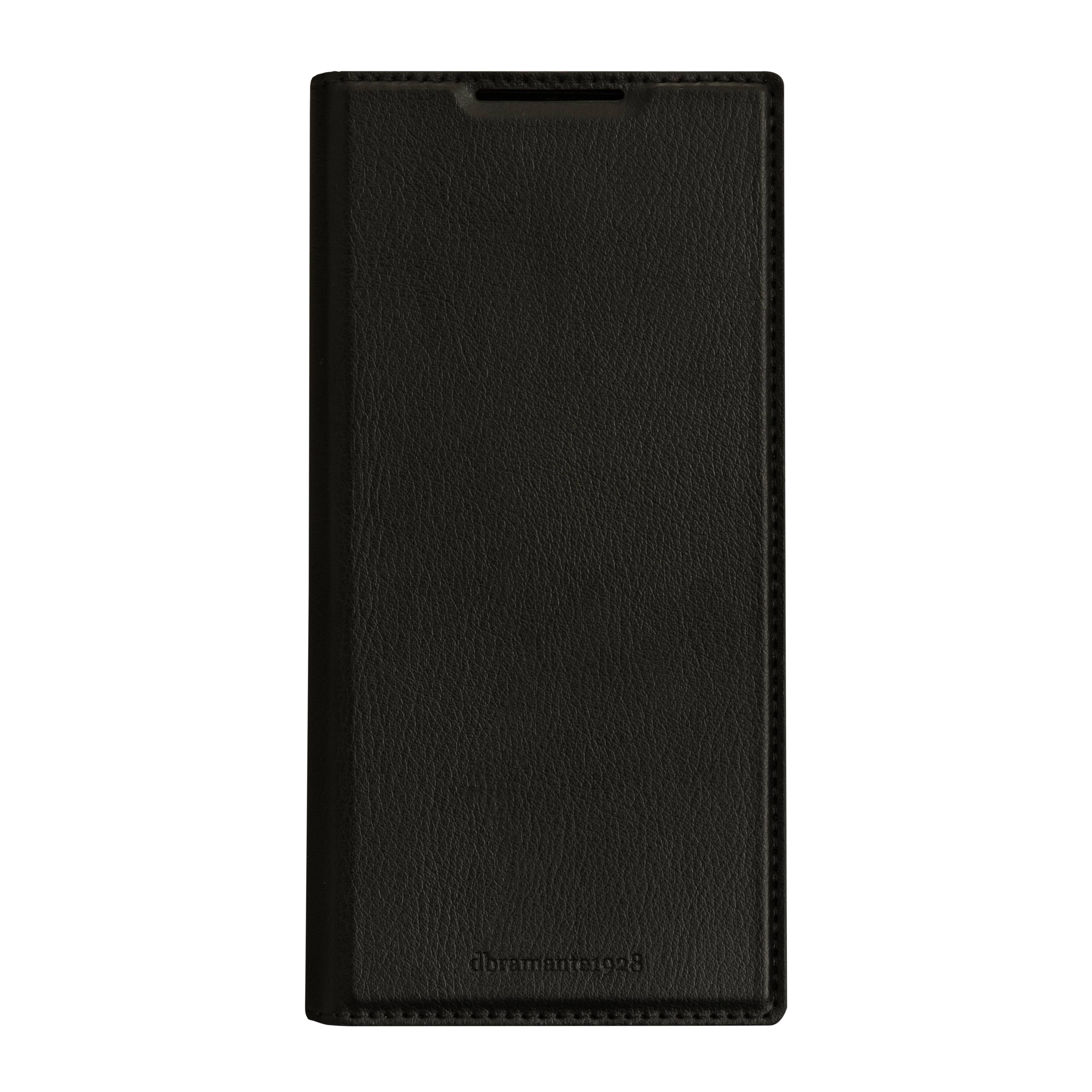 Schwarze Lederbrieftasche oder Handyhülle, geschlossen auf einfachem weißem Hintergrund gezeigt.