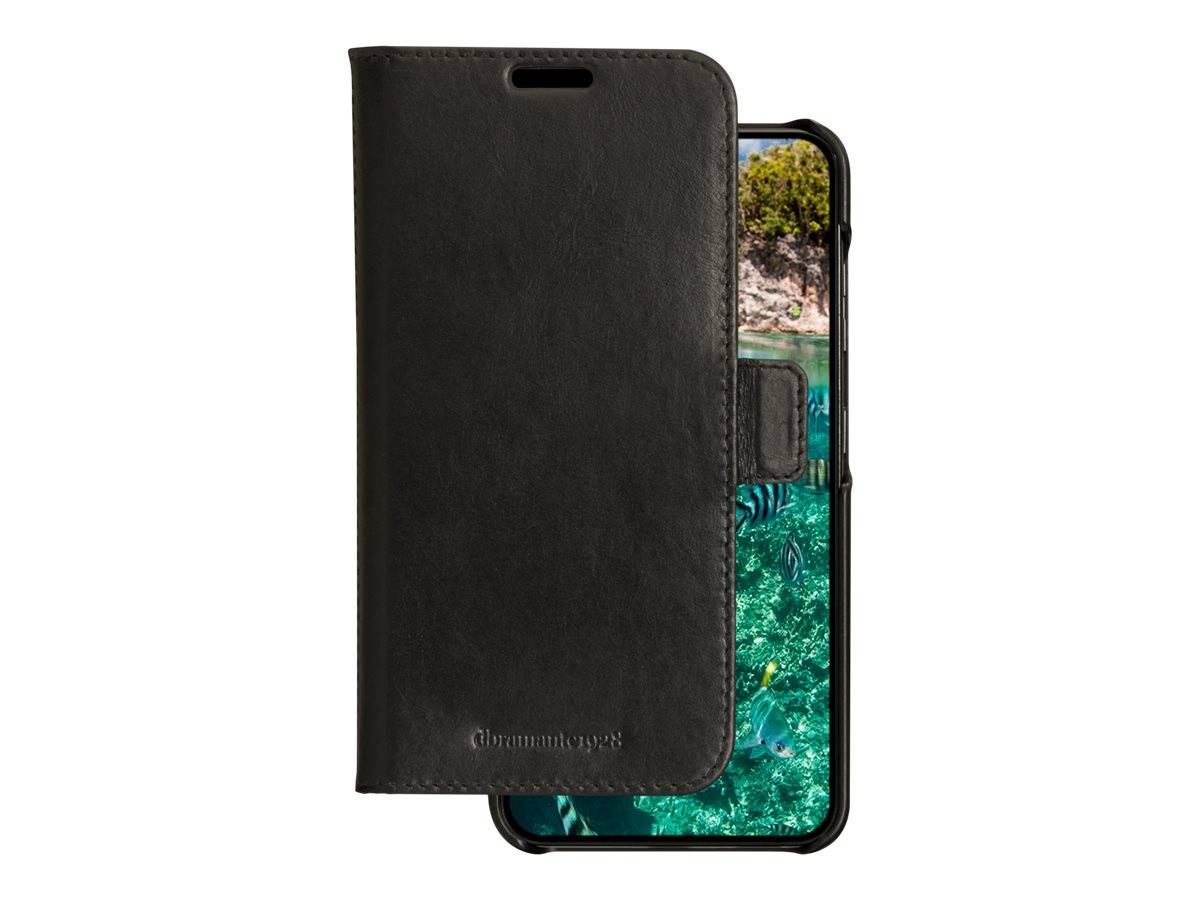 Schwarze Leder-Stil-Telefongeldbörsentasche mit geöffnetem Vorderdeckel, die einen Smartphone-Bildschirm dahinter zeigt.