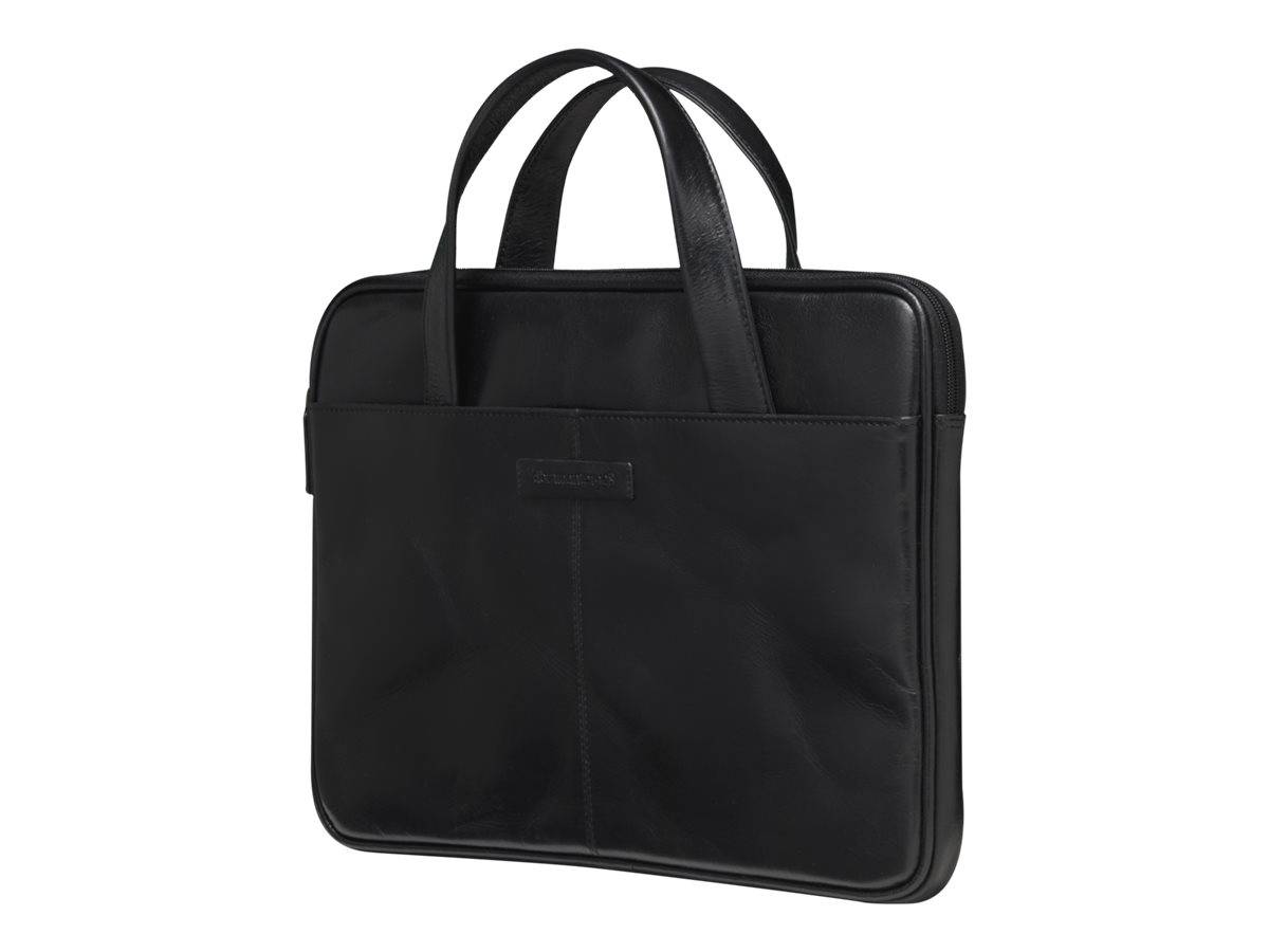 Eine schwarze Lederlaptoptasche mit doppelten Griffen und einer Steppnaht-Verzierung an der Vorderseite, entworfen für Geschäftsleute oder Reisende.