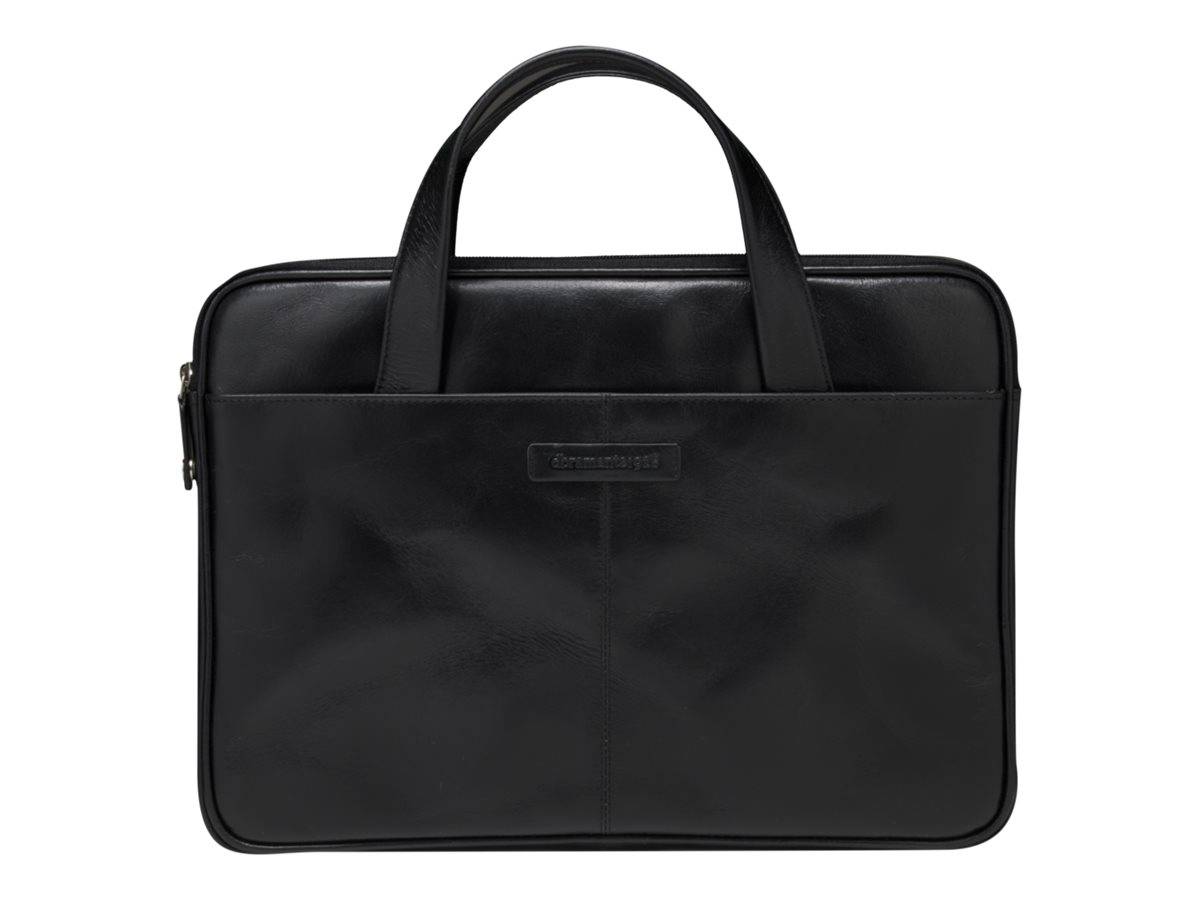 Eine elegante schwarze Lederlaptoptasche mit Doppelgriffen und sichtbarem Markenlogo auf der Vorderseite, ideal für geschäftliche oder professionelle Nutzung.