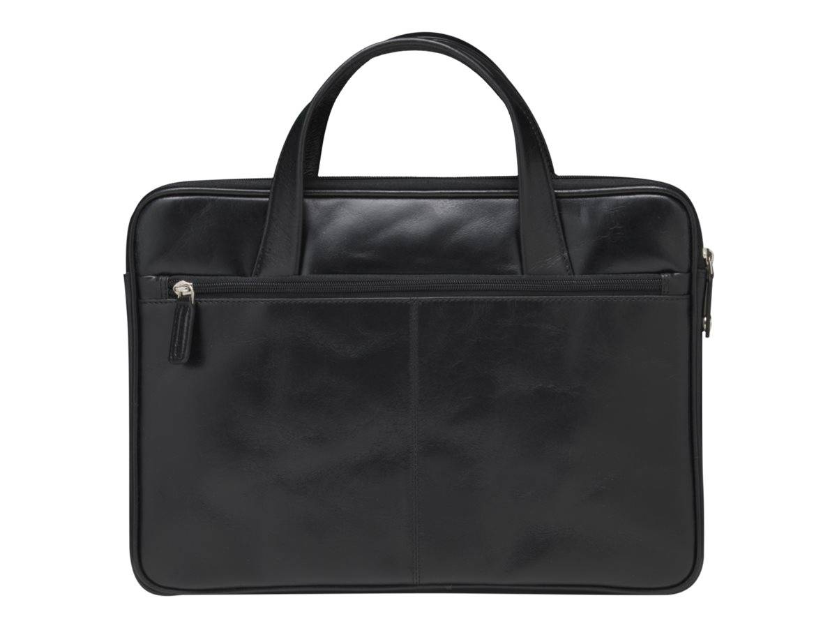 Eine schlanke schwarze Ledertasche mit zwei Griffhenkeln oben und einer vorderen Reißverschlusstasche, geeignet für berufliche oder geschäftliche Nutzung.