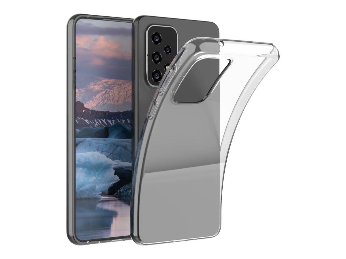 Transparente Handyhülle wird neben einem Smartphone präsentiert, das eine malerische Berg- und Seenlandschaft im Hintergrund zeigt. Der Fokus liegt auf der Durchsichtigkeit der Hülle und ihrer präzisen Passform.