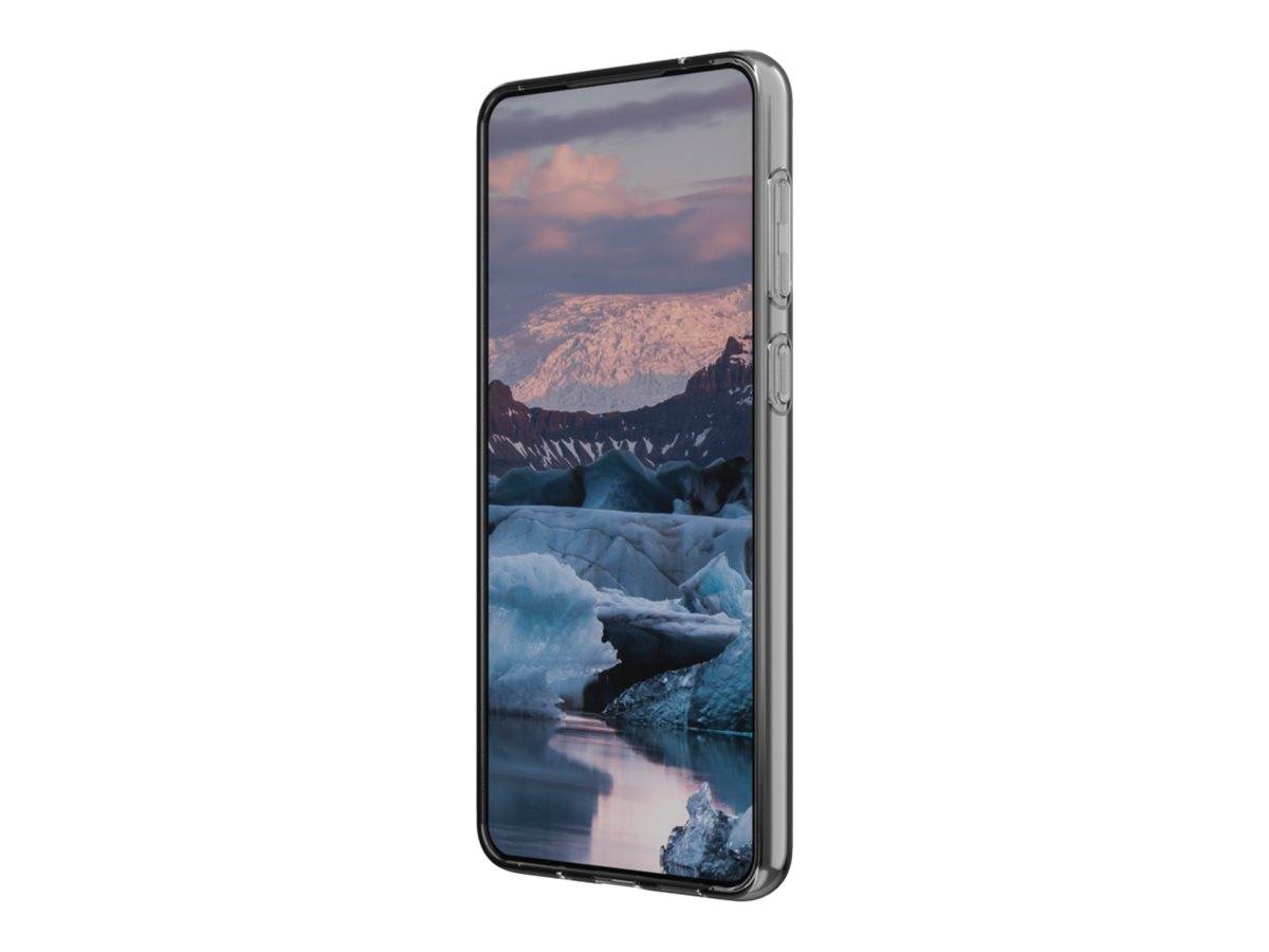 Ein Smartphone zeigt eine malerische Ansicht eines Gletschers mit Bergen im Hintergrund und präsentiert dabei den großen Bildschirm und die scharfe Anzeige des Geräts.