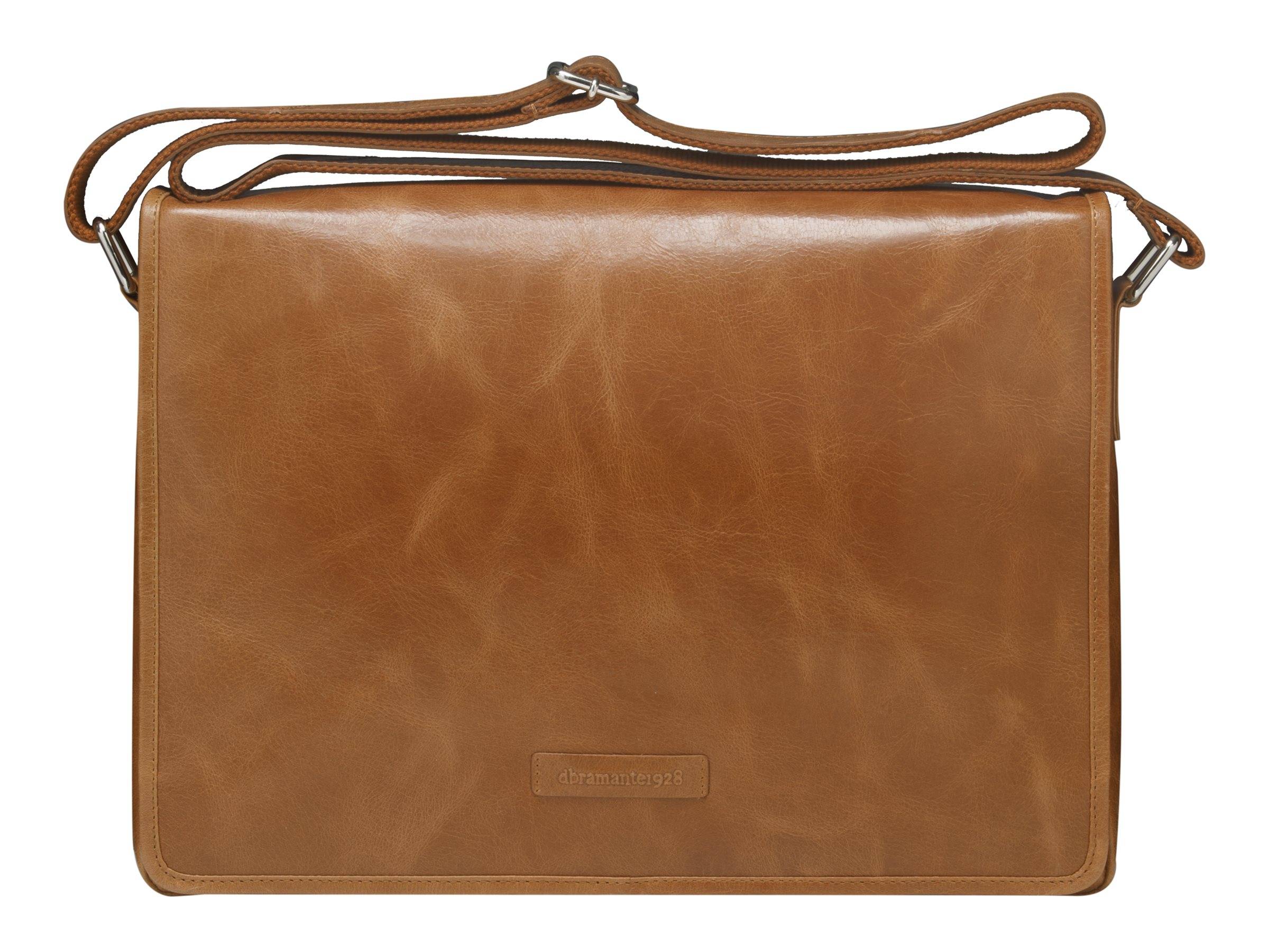 Braune Ledertasche mit glatter Oberfläche und verstellbarem Schulterriemen, geeignet für den professionellen Einsatz.