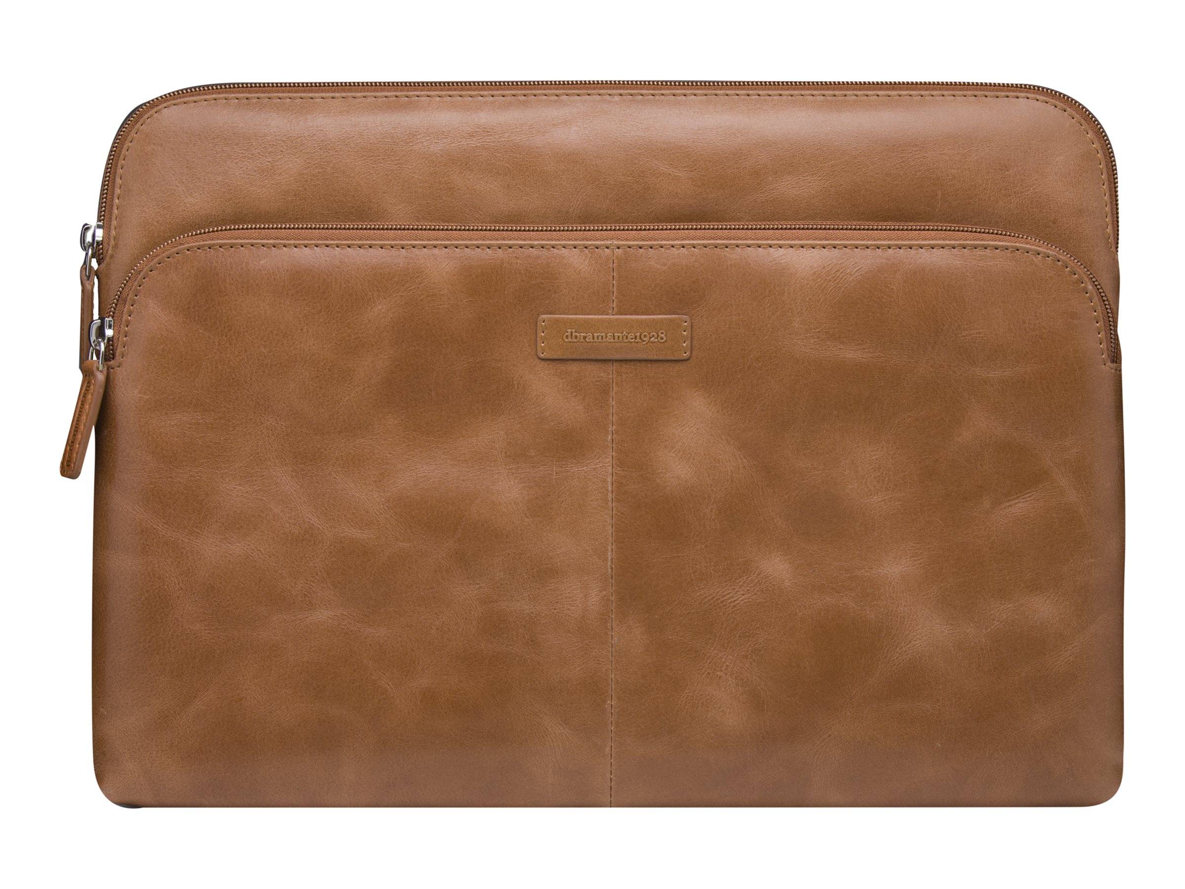 Braune Laptop-Tasche aus Leder mit Reißverschlusstasche vorne und Tragelasche, vor weißem Hintergrund dargestellt.