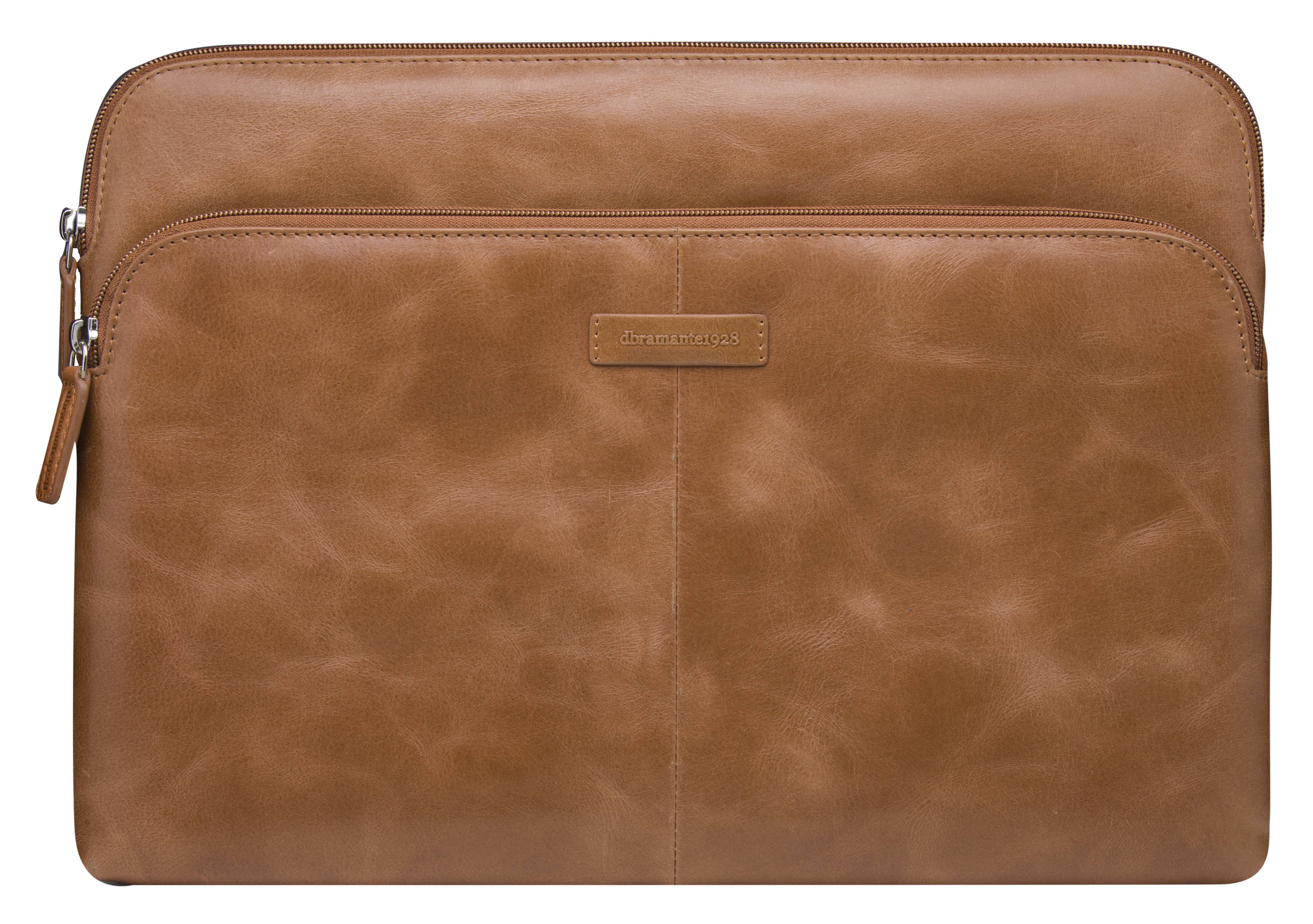 Braune Leder-Laptop-Schutzhülle mit Vordertasche, Reißverschluss oben und seitlichem Reißverschlusszug auf weißem Hintergrund.