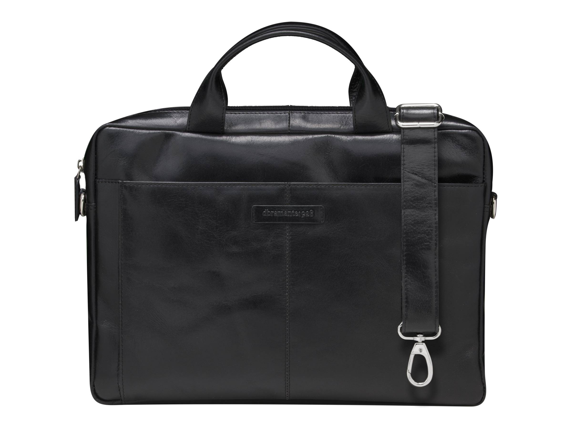 Schwarze Leder-Laptop-Aktentasche mit oberen Griffen, vorderer Reißverschlusstasche und verstellbarem Schultergurt auf weißem Hintergrund.