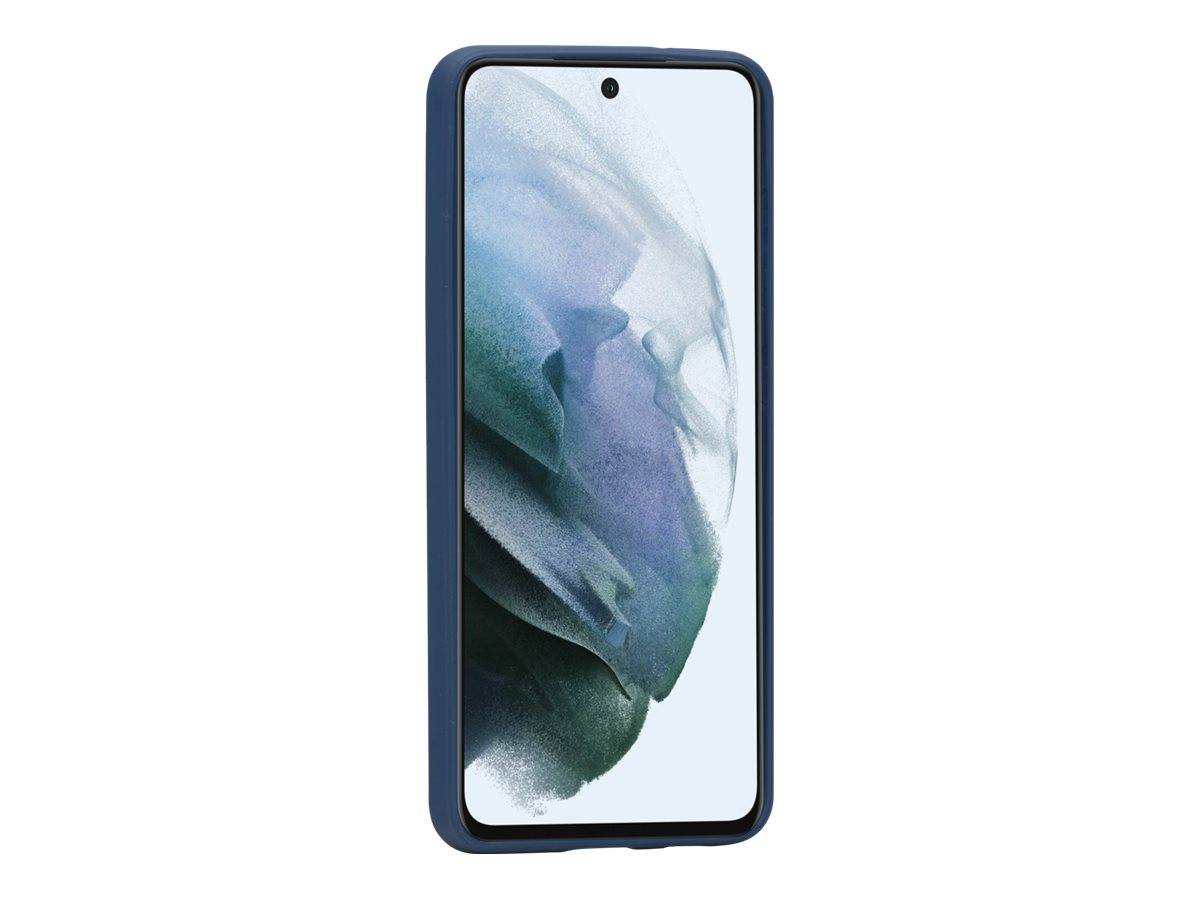 Frontansicht eines Smartphones mit blauem Schutzgehäuse und zentriertem Lochkamera-Ausschnitt, auf dem ein abstraktes hellblaues und graues Hintergrundbild angezeigt wird.