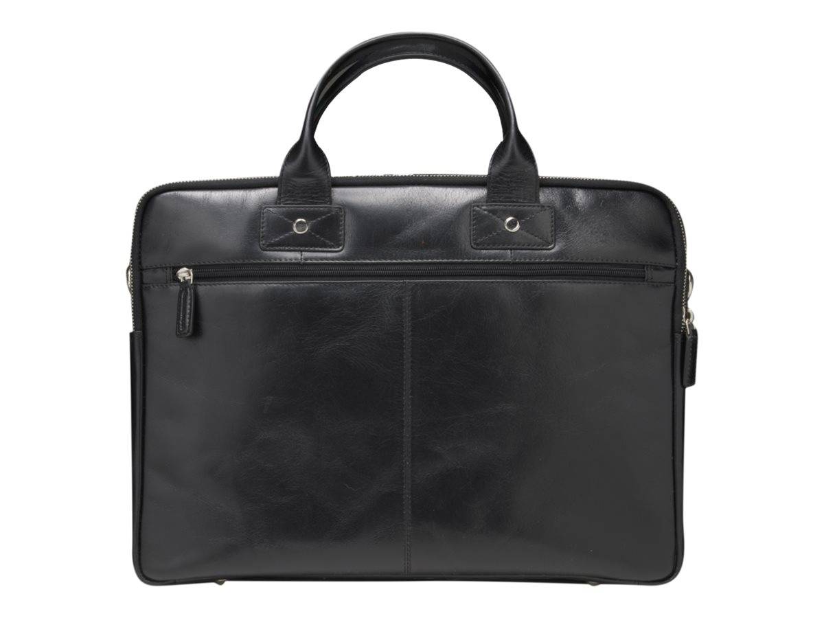 Schwarze Ledertasche mit Doppelgriffen und vorderer Reißverschlusstasche auf weißem Hintergrund.