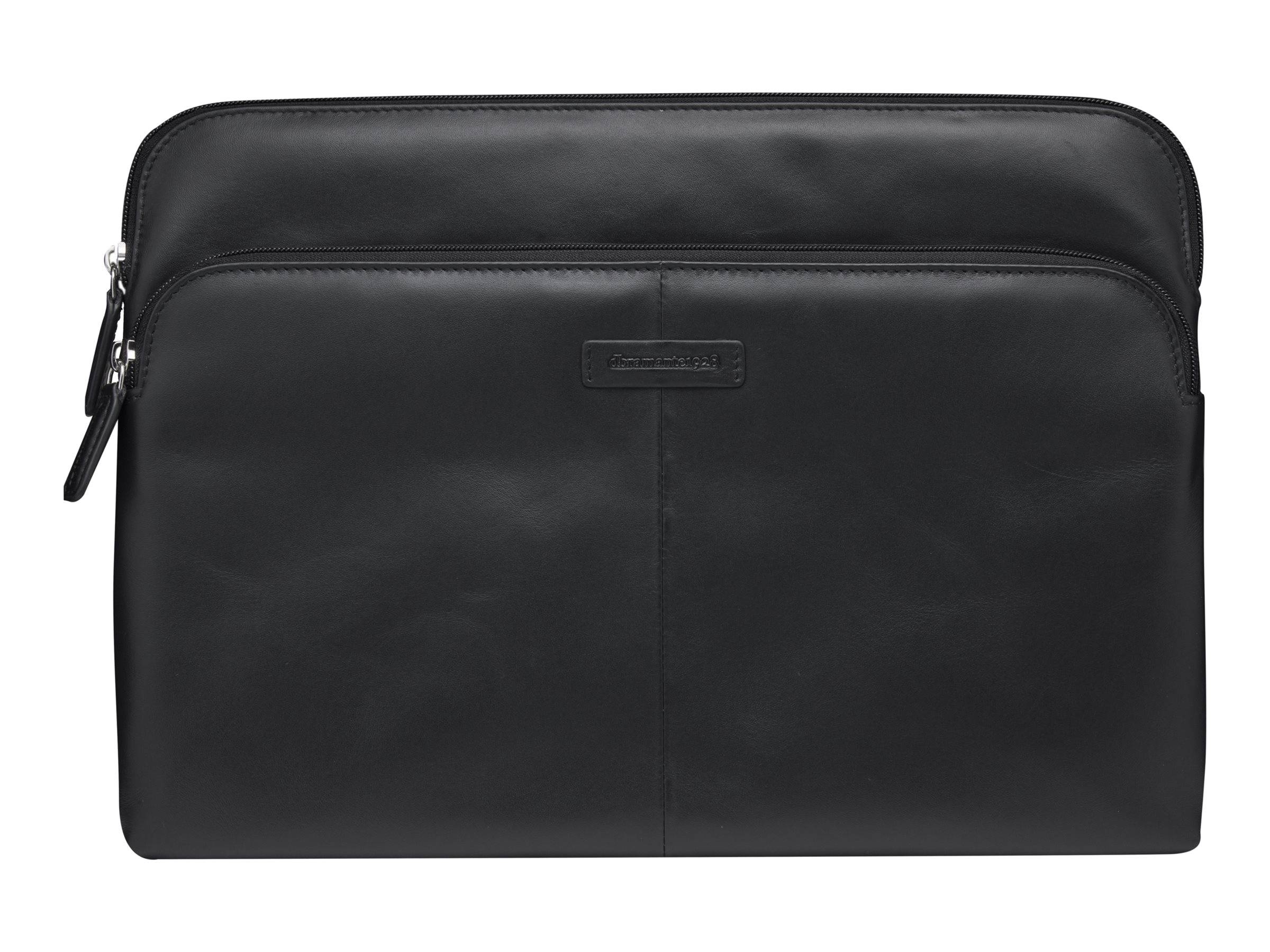 Schwarze Leder-Laptop-Aktentasche mit vorderer Reißverschlusstasche und Obererseite mit Reißverschluss, vor weißem Hintergrund dargestellt.