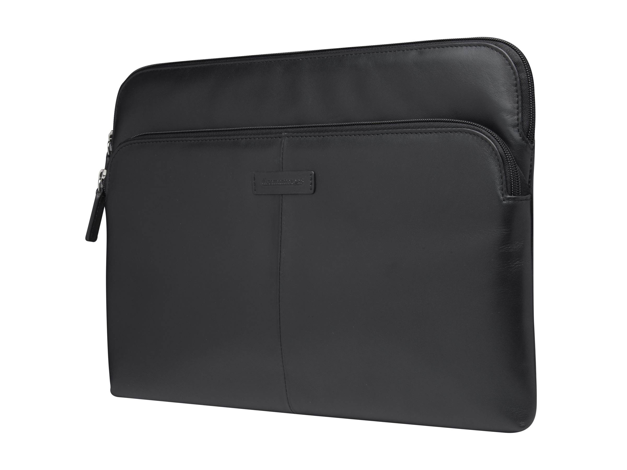 Schwarze Lederlaptophülle mit Reißverschluss und Vordertasche, vor weißem Hintergrund abgebildet.