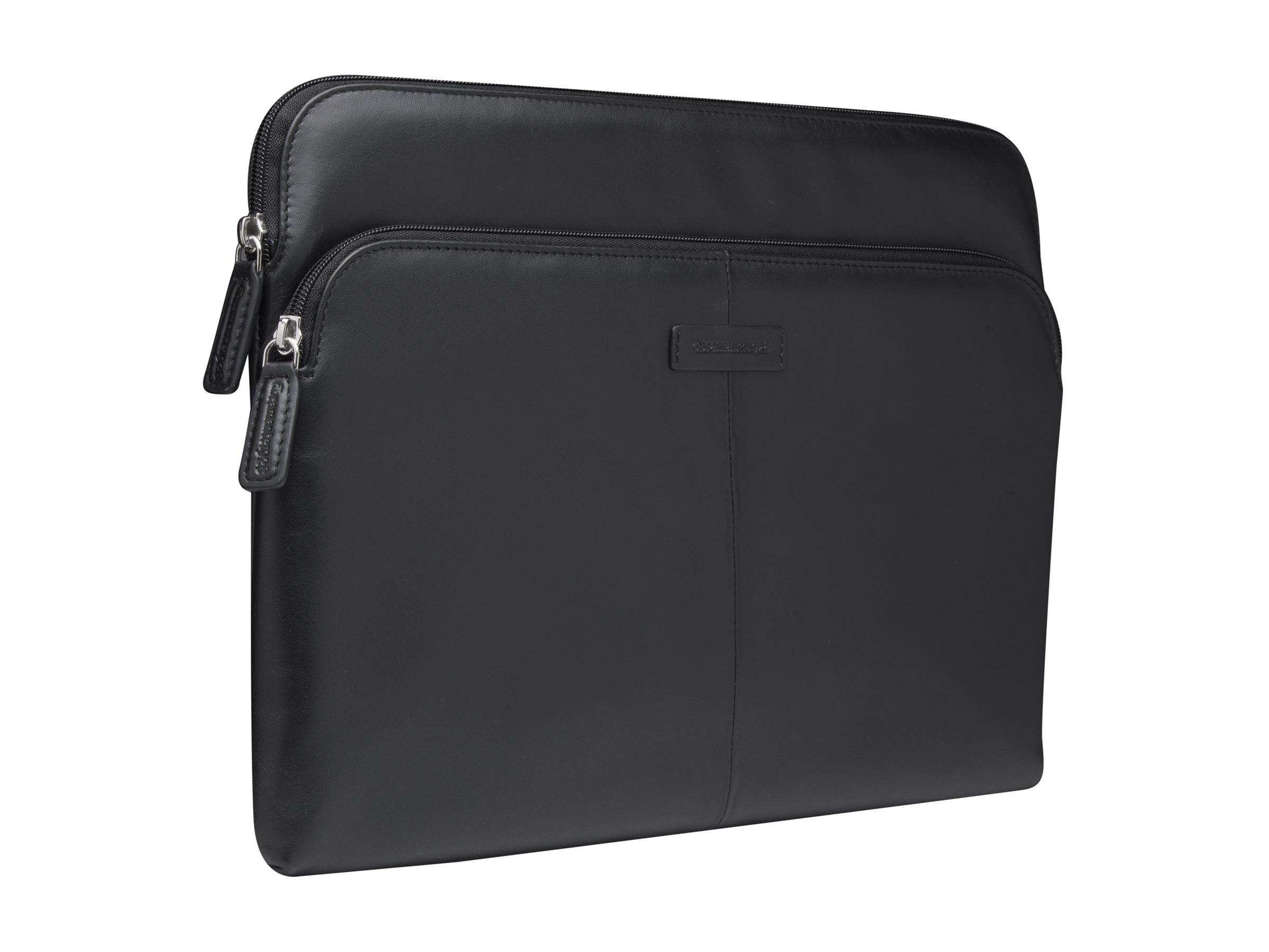 Schwarze Laptop-Schutzhülle mit Reißverschluss oder Folio-Etui auf weißem Hintergrund, in Seitenansicht mit zwei Reißverschlusszügen gezeigt.