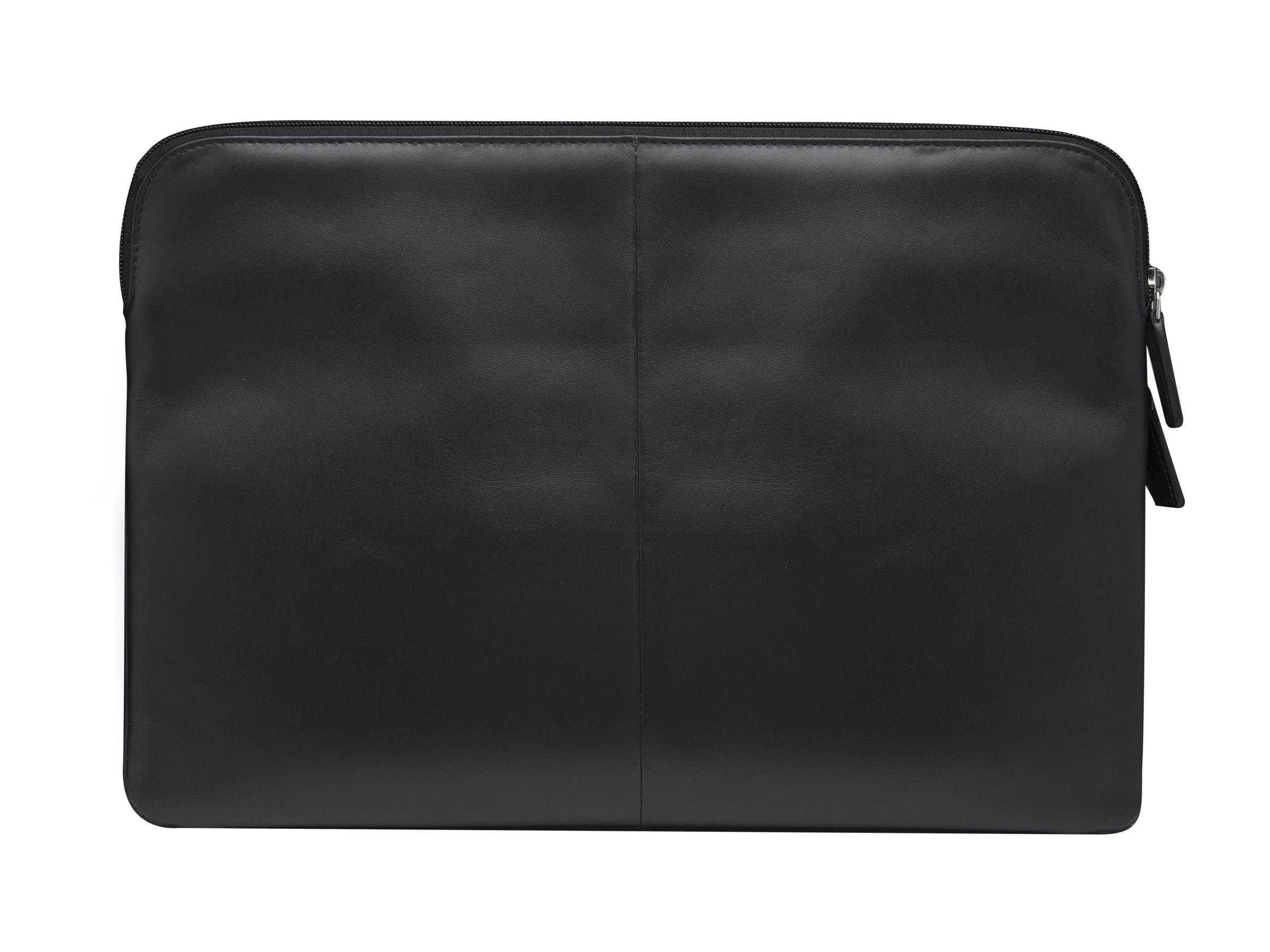 Schwarze Leder-Laptop-Schutzhülle mit Reißverschluss auf der rechten Seite, Vorderansicht auf weißem Hintergrund.