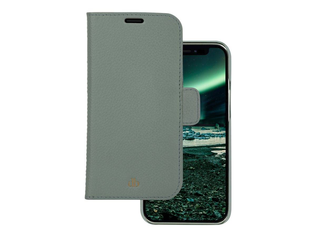 Grauetui im Folioformat, das ein Smartphone teilweise abdeckt, wobei der Bildschirm ein dunkles Landschaftsbild anzeigt.