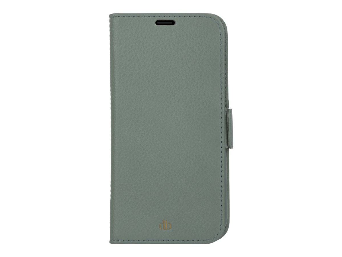 Ein graues Leder-Smartphone-Etui mit Pebble-Textur, geschlossen, von vorne betrachtet mit einem kleinen Logo in der Nähe des unteren Randes.