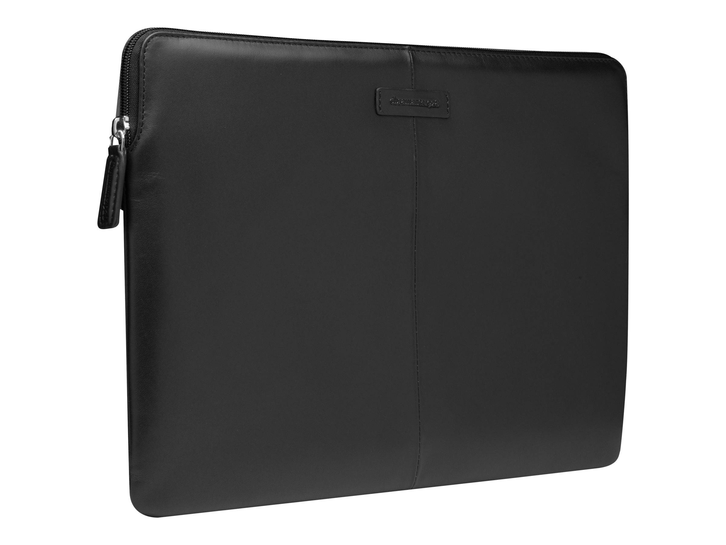 Schwarze Lederlaptop-Tasche oder Portfoliotasche mit Reißverschluss und Handgelenkschlaufe auf neutralem Hintergrund