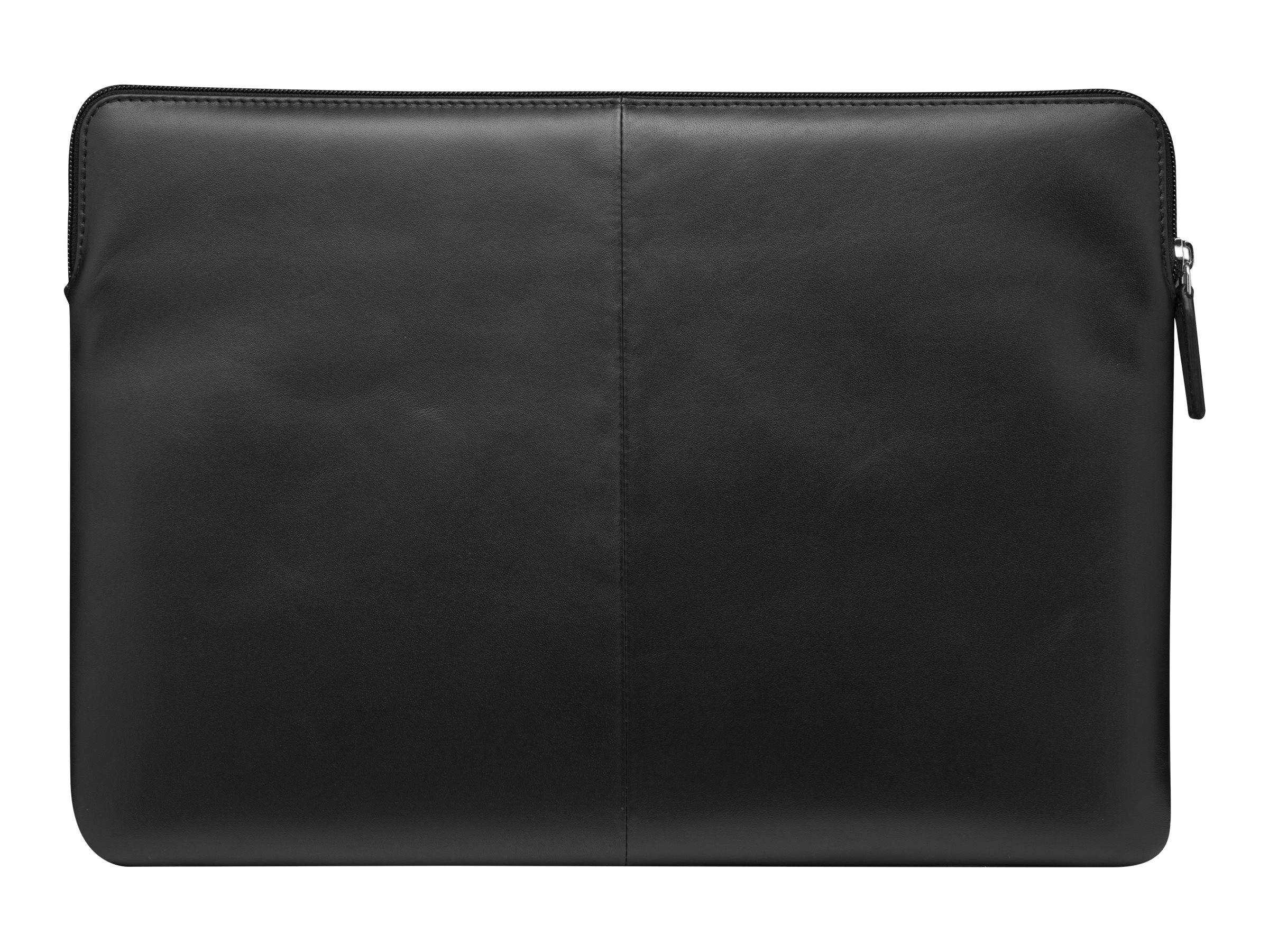 Schwarze Laptop-Schutzhülle aus Leder mit Reißverschluss, Vorderansicht auf weißem Hintergrund.