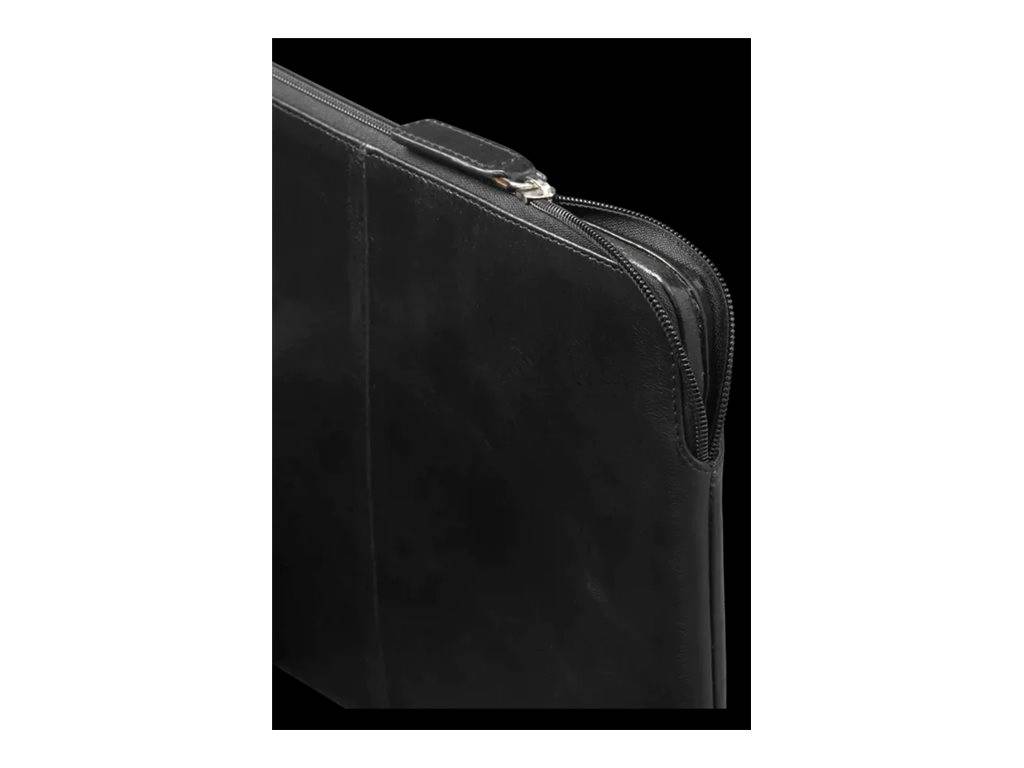 Nahaufnahme einer schwarzen Ledertasche oder eines Laptopkoffers mit Reißverschluss oben und Griff, gezeigt vor dunklem Hintergrund.