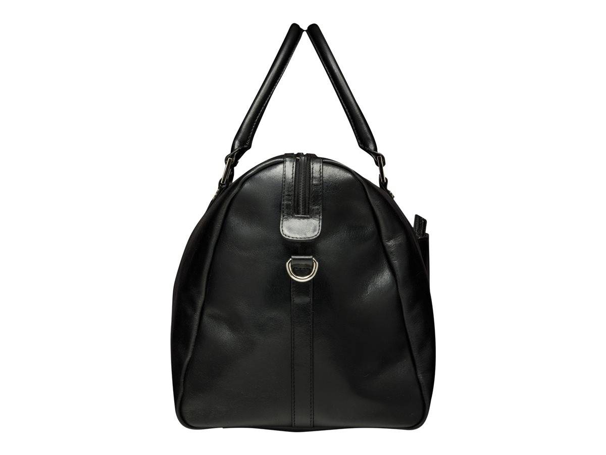 Eine schlanke schwarze Lederhandtasche mit einem einzelnen Riemen und einem zentralen metallischen Schnallenverzierung, aufrecht stehend.