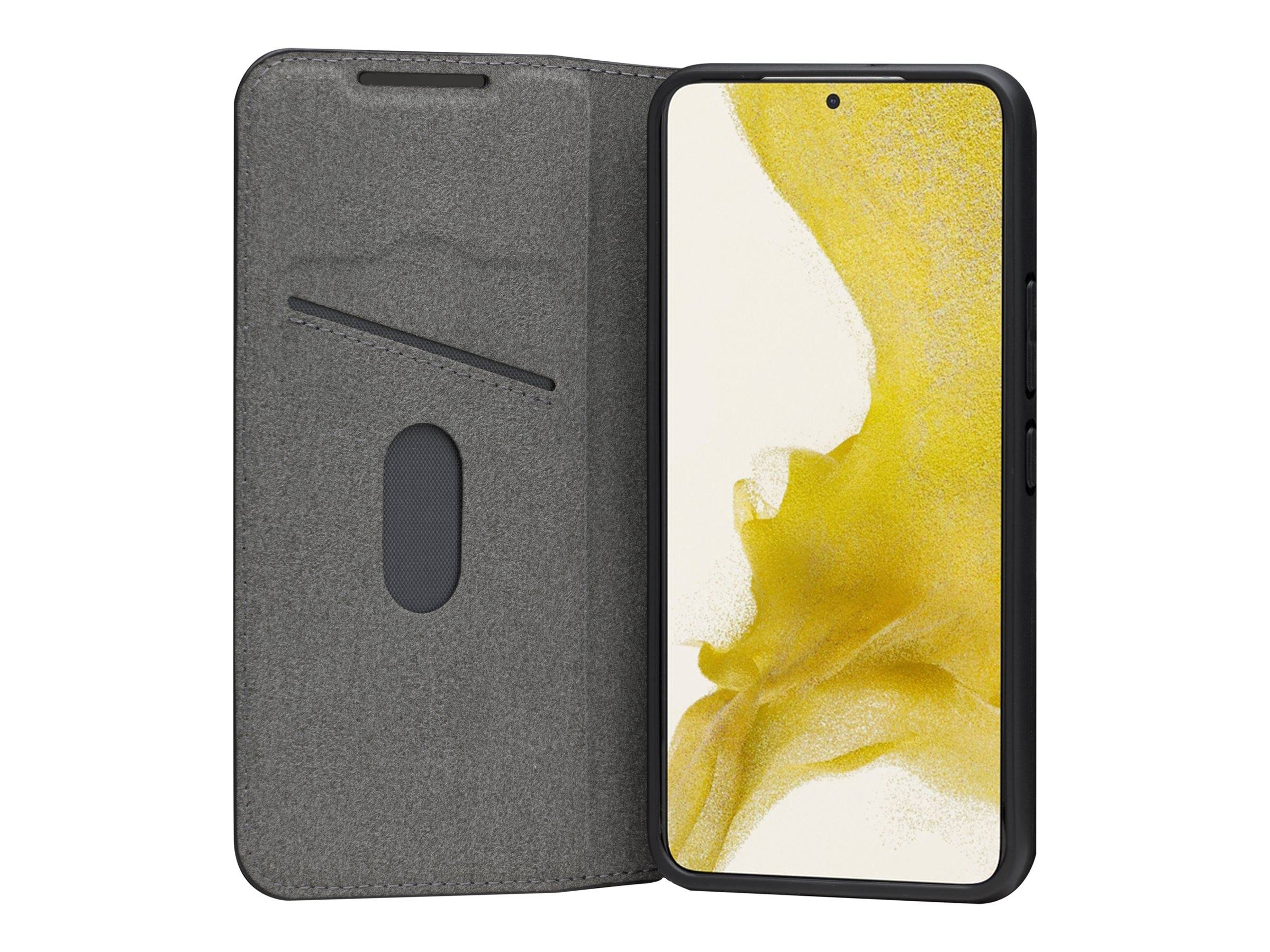 Smartphone von vorne in einem grauen Folio-Schutzetui dargestellt, mit einem gelben abstrakten Hintergrundbild auf dem Bildschirm.