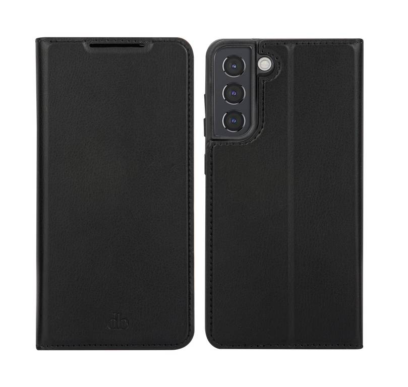 Schwarze Handyhülle im Leder-Stil, Vorder- und Rückseite gezeigt, mit dreifacher Kamera-Ausschnitt auf der Rückseite und schlankem Klappdeckel-Design.